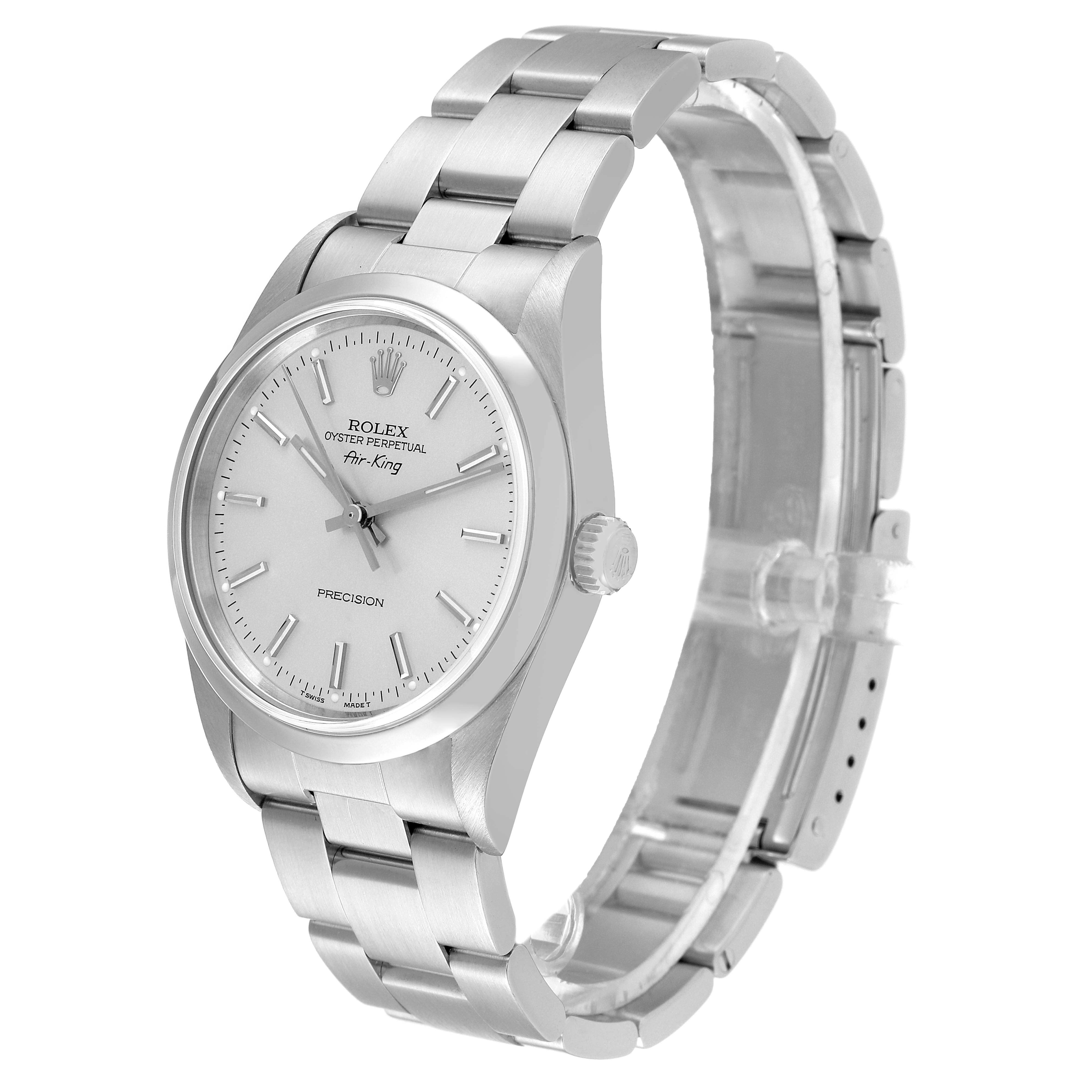 This image shows a Rolex Air-King 14000 Men's Stainless Steel Silver Dial 14000 Men's Stainless Steel Silver Dial watch angled to display its face, crown, and stainless steel bracelet.