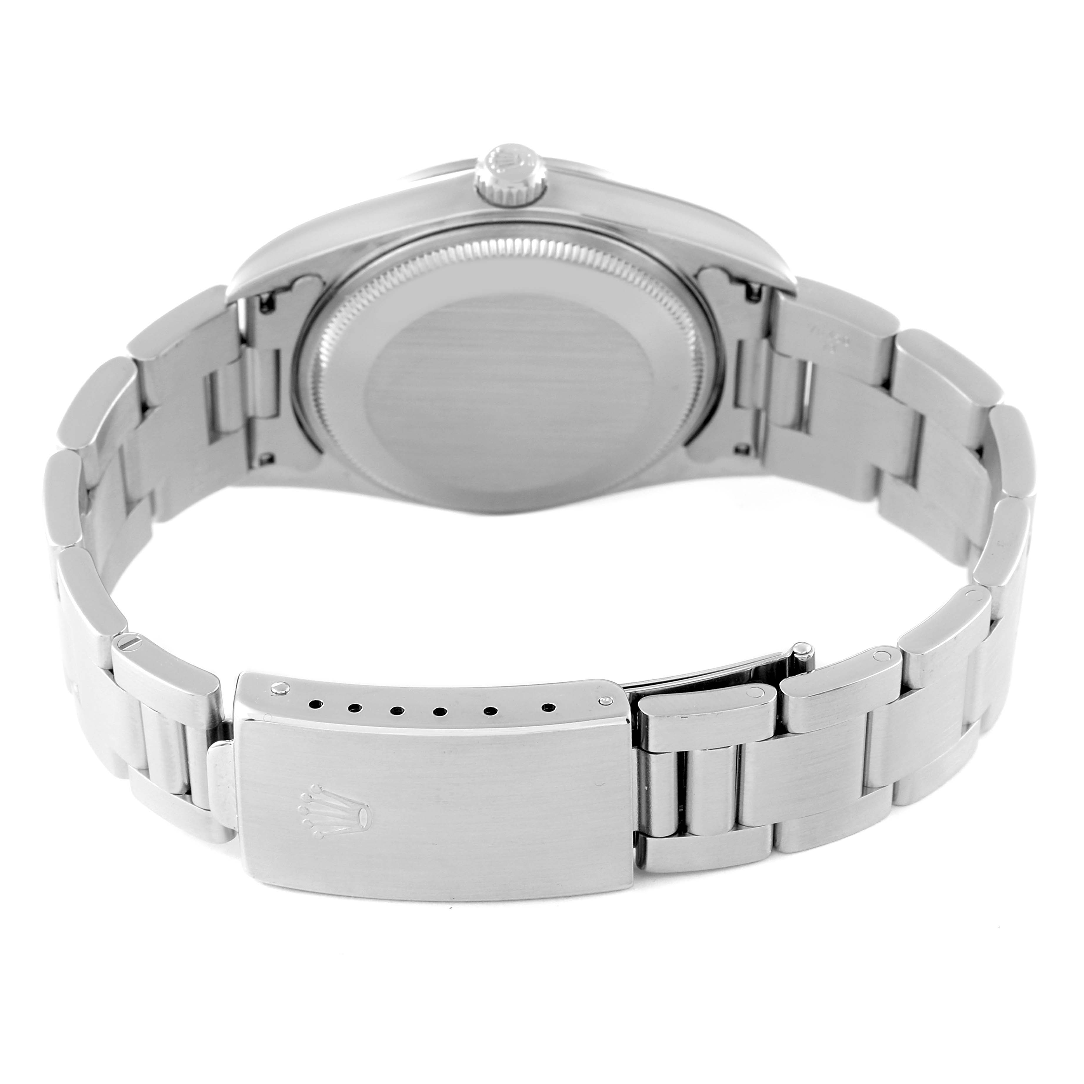 This image shows the back case and closed clasp of a Rolex Air-King 14000 Men's Stainless Steel Silver Dial 14000 Men's Stainless Steel Silver Dial watch, viewed from the rear angle.