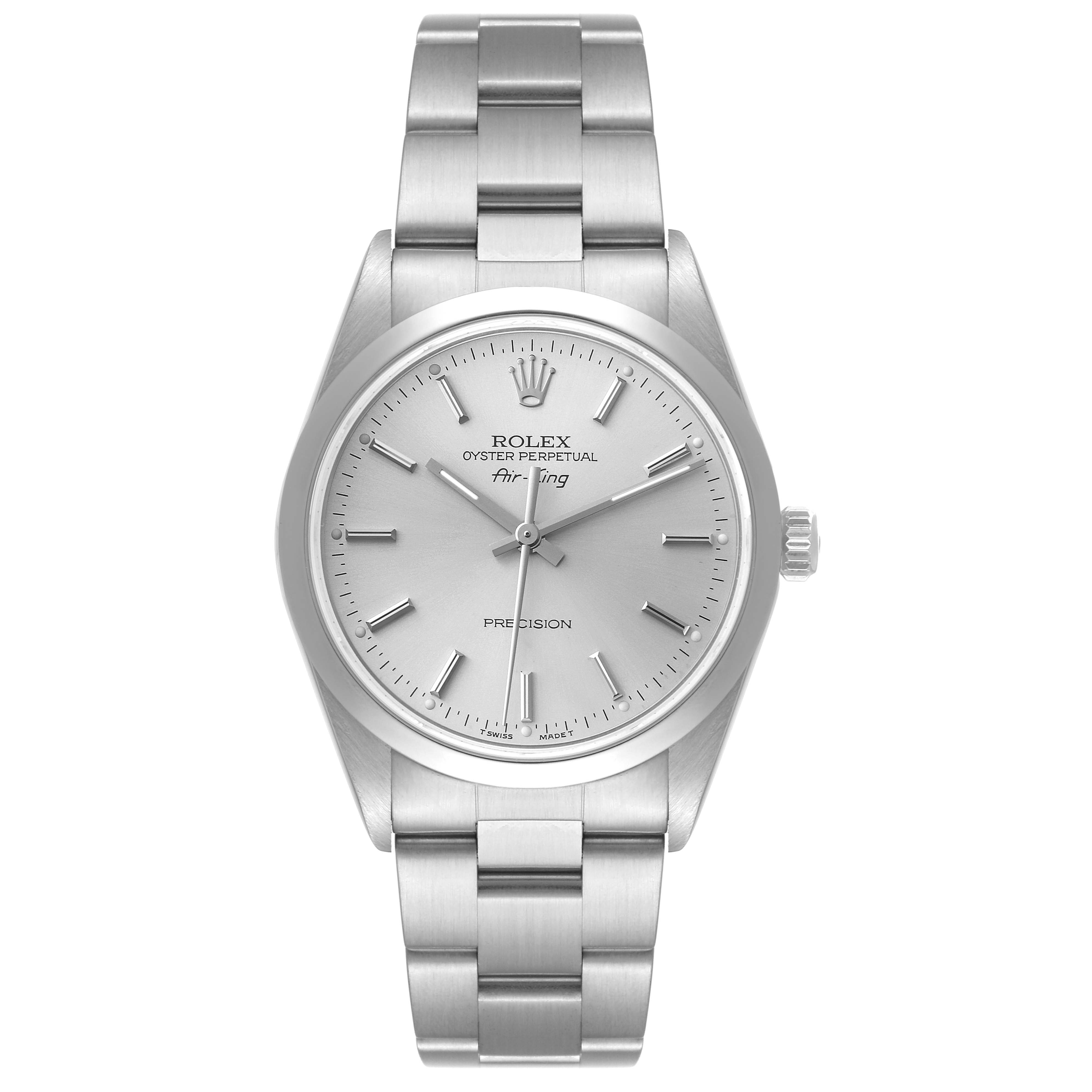 The image shows a front view of a Rolex Air-King 14000 Men's Stainless Steel Silver Dial 14000 Men's Stainless Steel Silver Dial watch, highlighting the dial, bezel, crown, and bracelet.