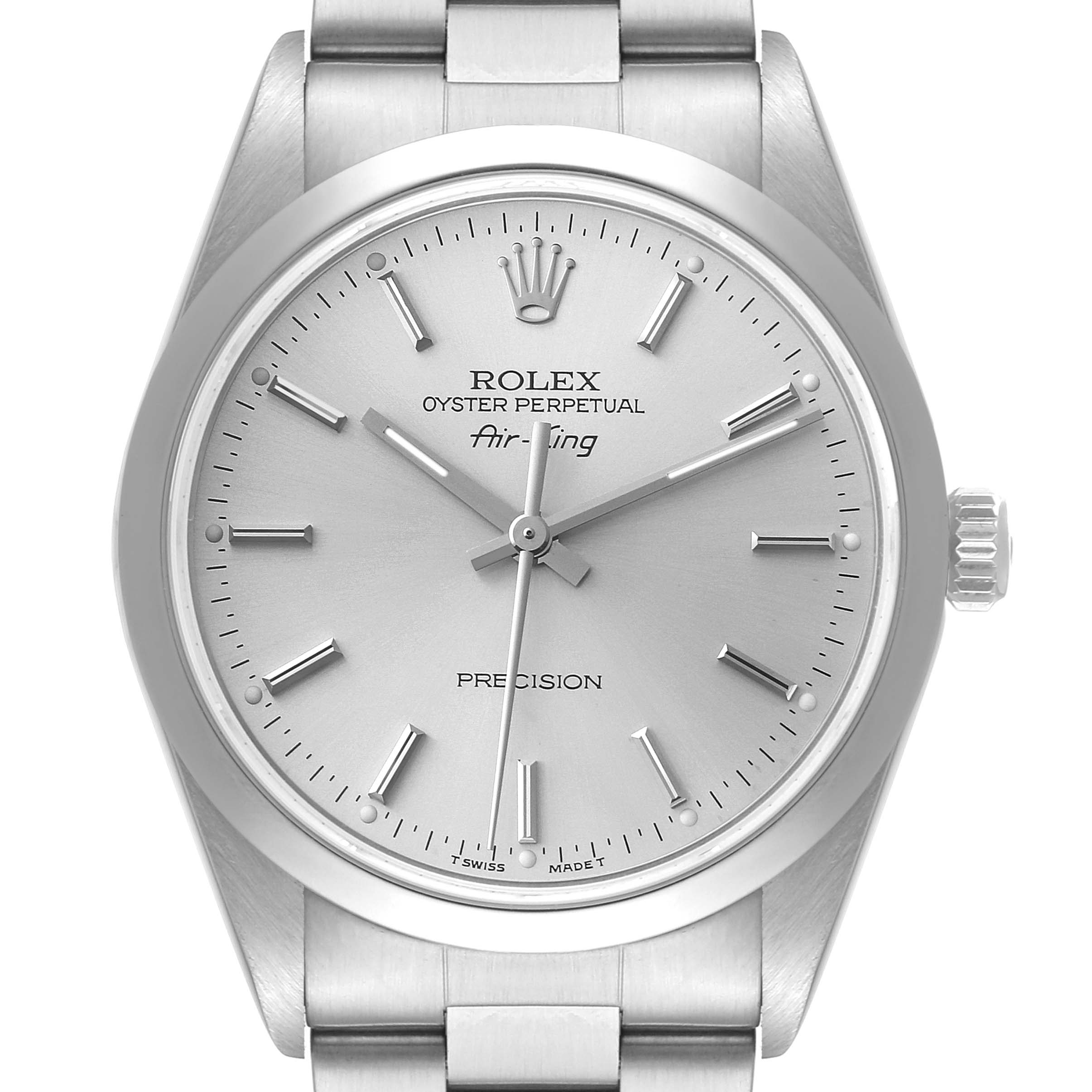 The image shows a front view of a Rolex Air-King 14000 Men's Stainless Steel Silver Dial 14000 Men's Stainless Steel Silver Dial watch, highlighting its dial, hour markers, and bracelet.