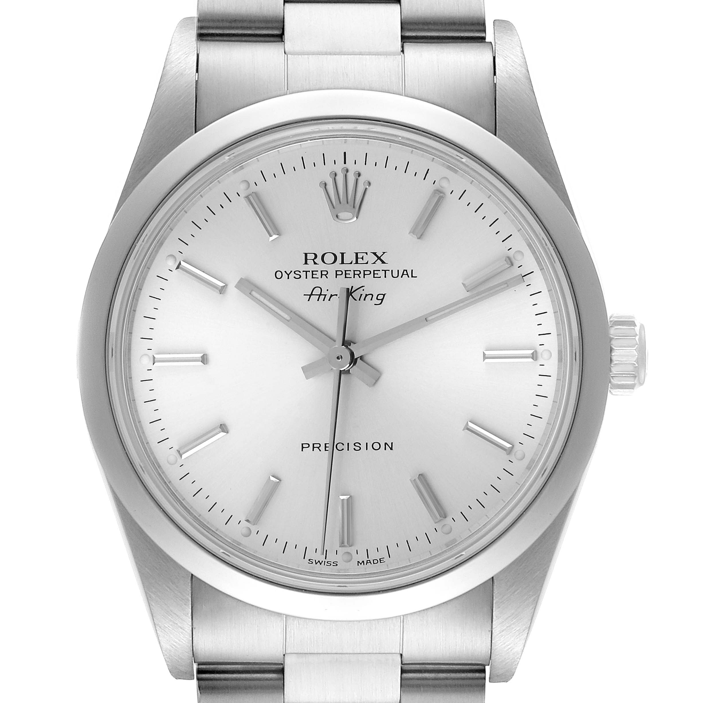 The image shows a front view of a Rolex Air-King 14000 Men's Stainless Steel Silver Dial 14000 Men's Stainless Steel Silver Dial watch displaying the dial, bezel, case, and part of the bracelet.