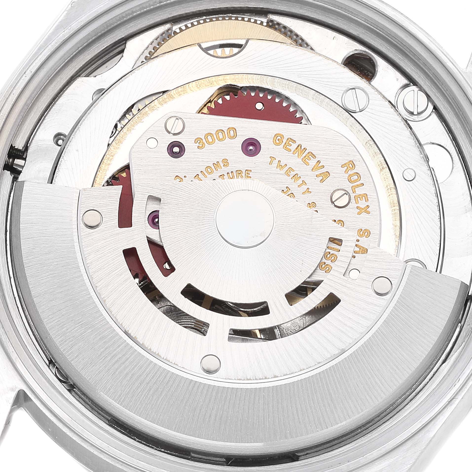 This image shows the back view of the Rolex Air-King 14000 Men's Stainless Steel Silver Dial 14000 Men's Stainless Steel Silver Dial watch's internal movement mechanism.