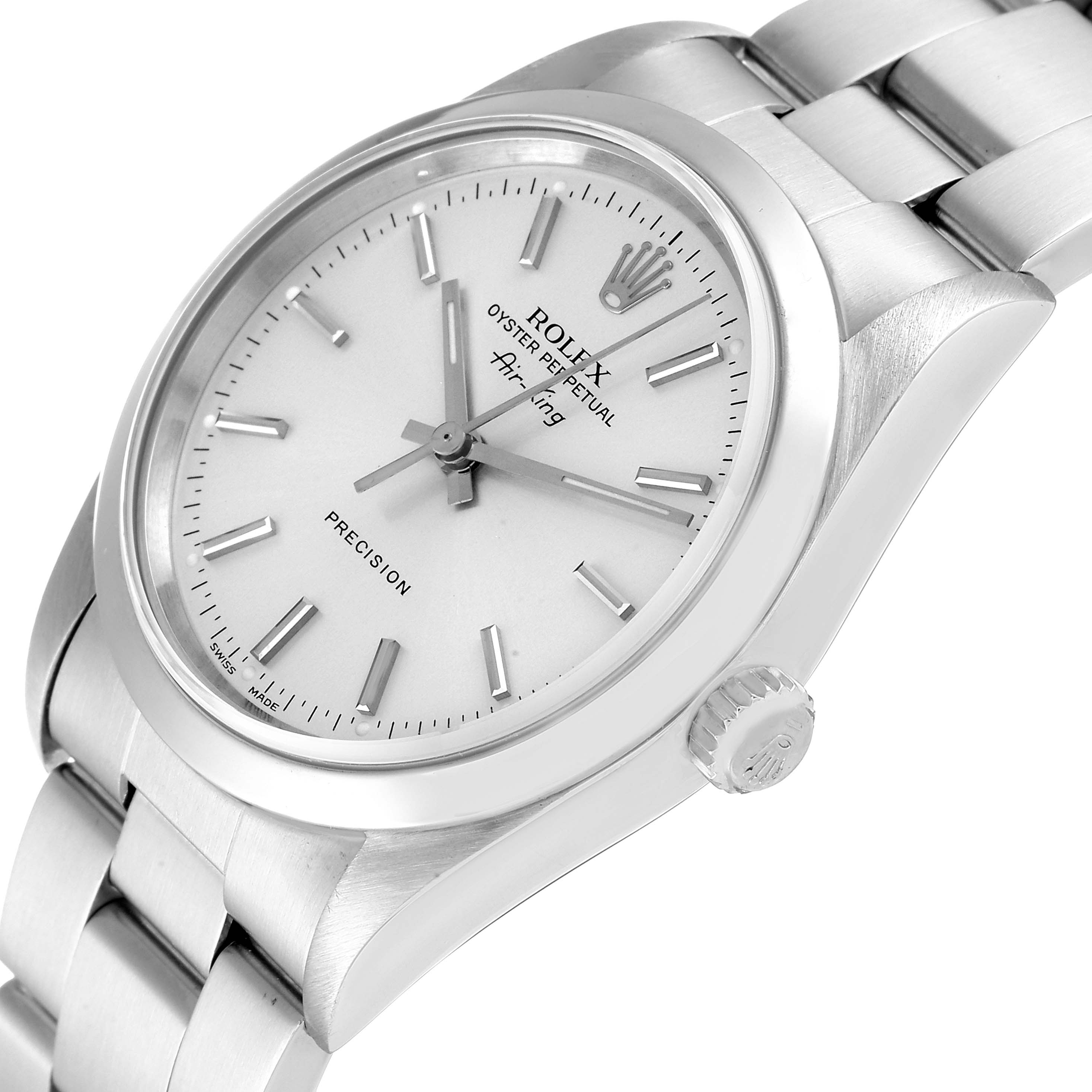 This image shows a silver Rolex Air-King 14000 Men's Stainless Steel Silver Dial 14000 Men's Stainless Steel Silver Dial watch from a front angle, displaying the dial, bracelet, and crown.
