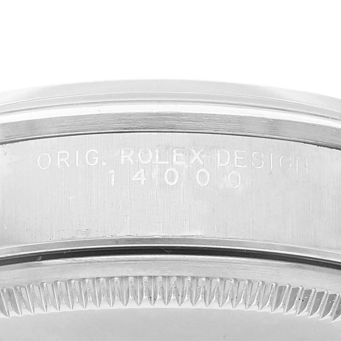 This image shows a close-up view of the side of a Rolex Air-King 14000 Men's Stainless Steel Silver Dial 14000 Men's Stainless Steel Silver Dial watch case with the engraved model number 14000.