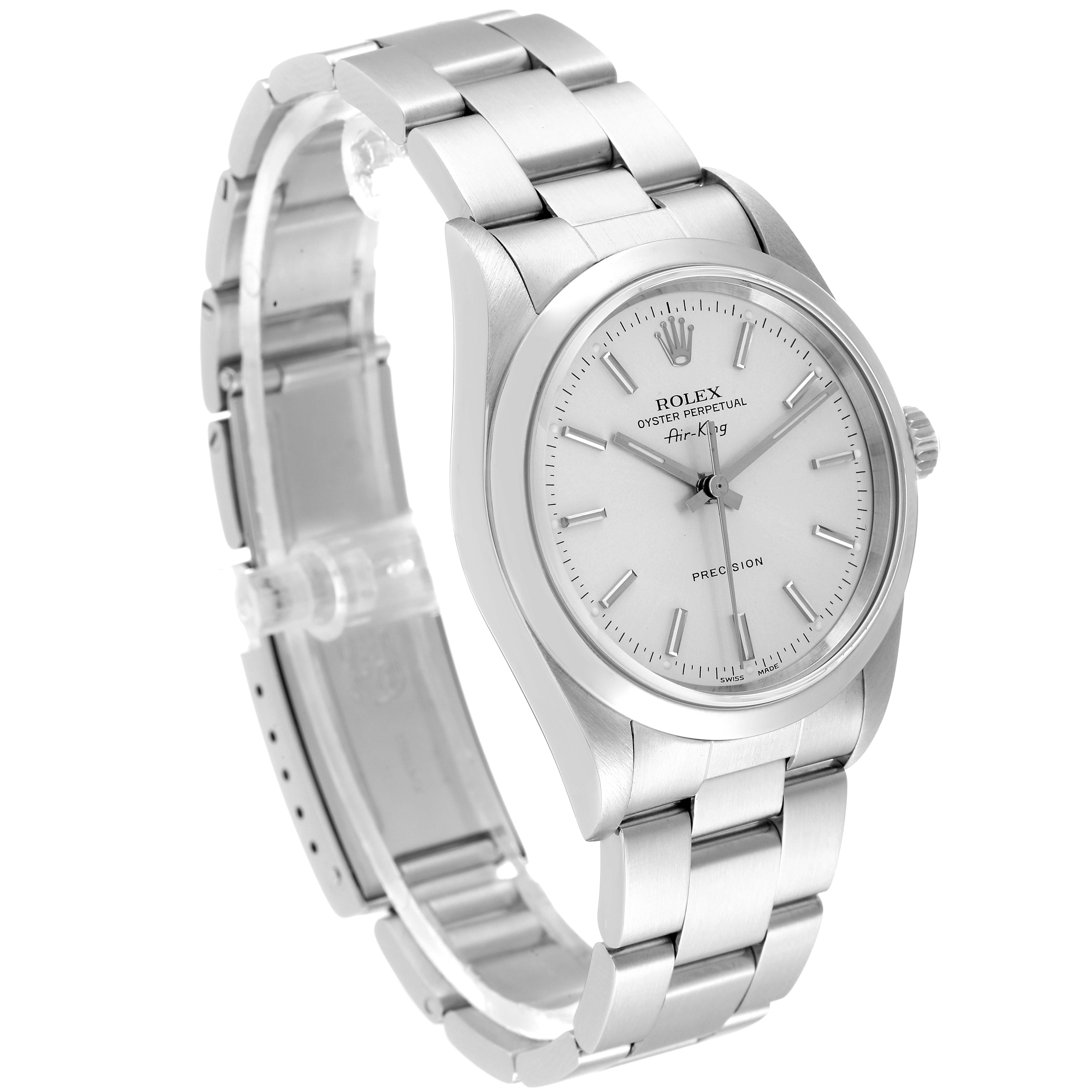 This Rolex Air-King 14000 Men's Stainless Steel Silver Dial 14000 Men's Stainless Steel Silver Dial watch is shown at a three-quarter angle, displaying its dial, case, and bracelet.