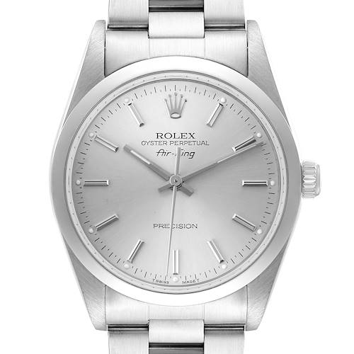 The Rolex Air-King 14000 Men's Stainless Steel Silver Dial watch is shown from a front angle, displaying the dial, crown, and part of the bracelet.