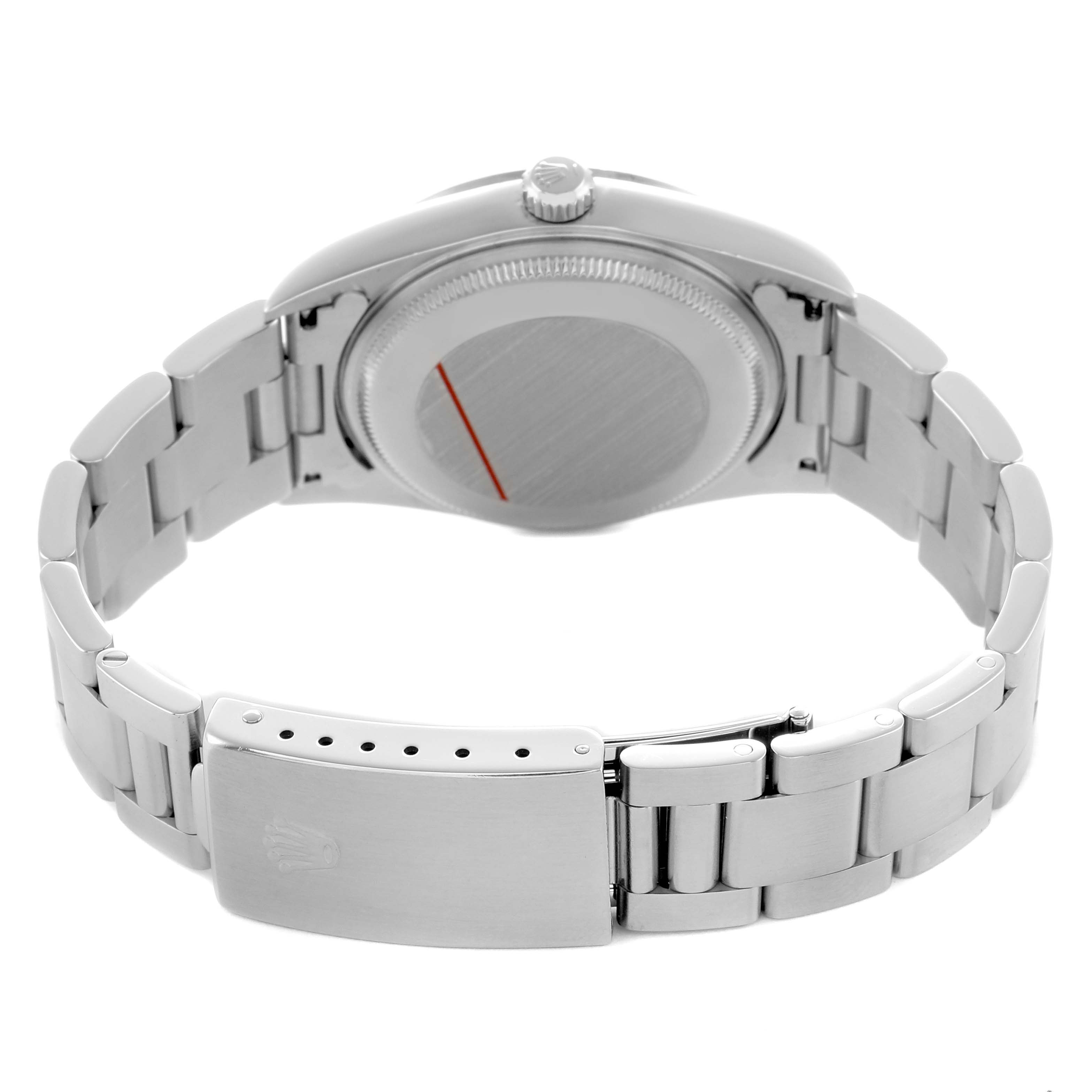 The image shows the back view of a Rolex Air-King 14000 Men's Stainless Steel Silver Dial watch, highlighting the bracelet, clasp, case back, and crown.