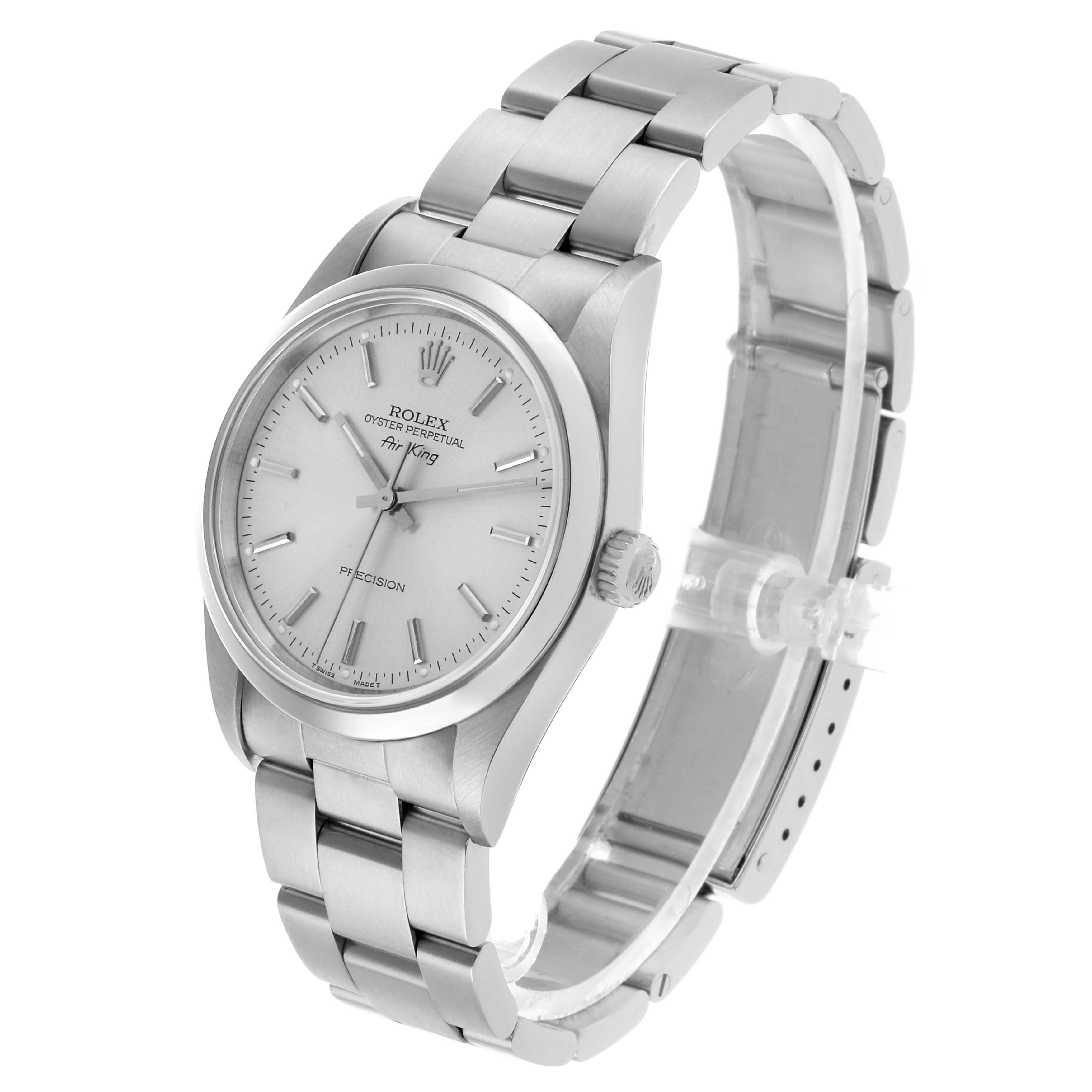 The Rolex Air-King 14000 Men's Stainless Steel Silver Dial watch is shown at an angled side view, highlighting its face, bezel, crown, and bracelet.