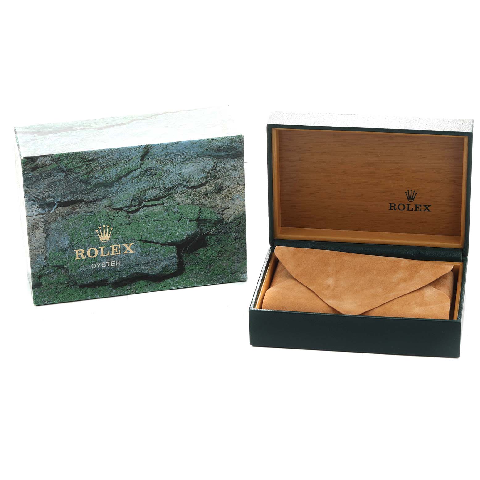 The image shows a Rolex Air-King 14000 Men's Stainless Steel Silver Dial box, open to display a suede pouch, next to its outer packaging.