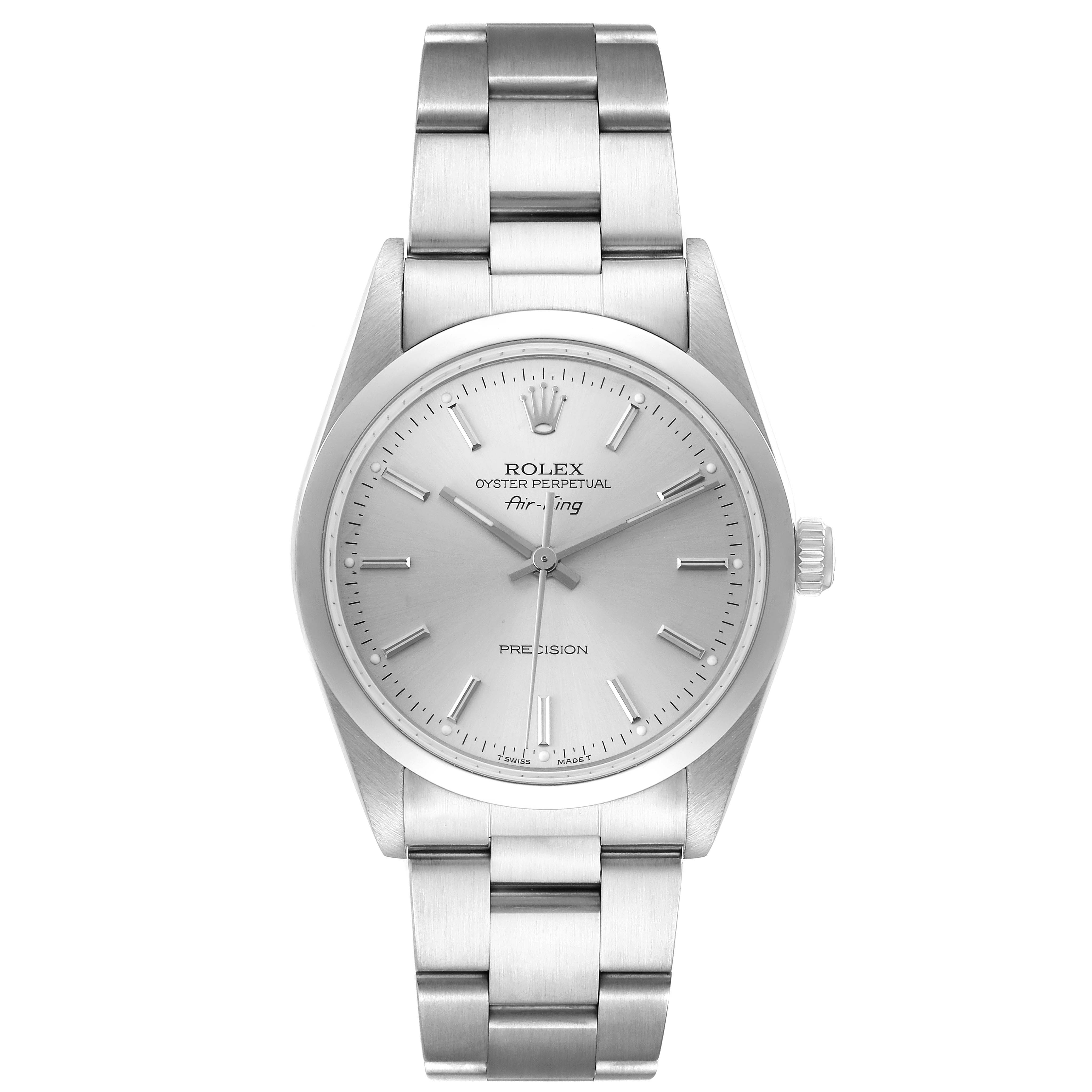 The Rolex Air-King 14000 Men's Stainless Steel Silver Dial watch is shown from a frontal angle, displaying the entire face and bracelet.