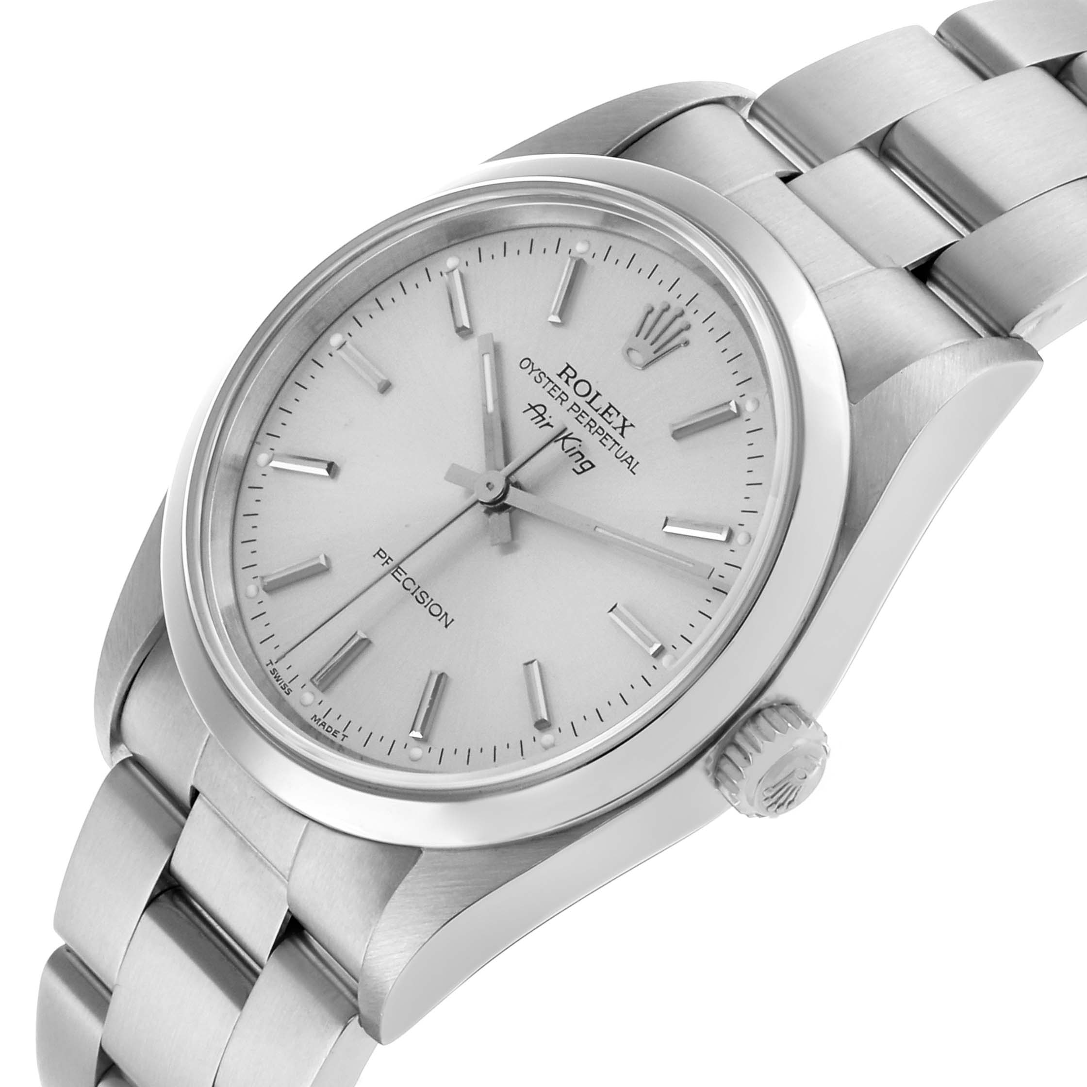 The Rolex Air-King 14000 Men's Stainless Steel Silver Dial watch is shown at a tilted angle, highlighting the dial, crown, and bracelet.