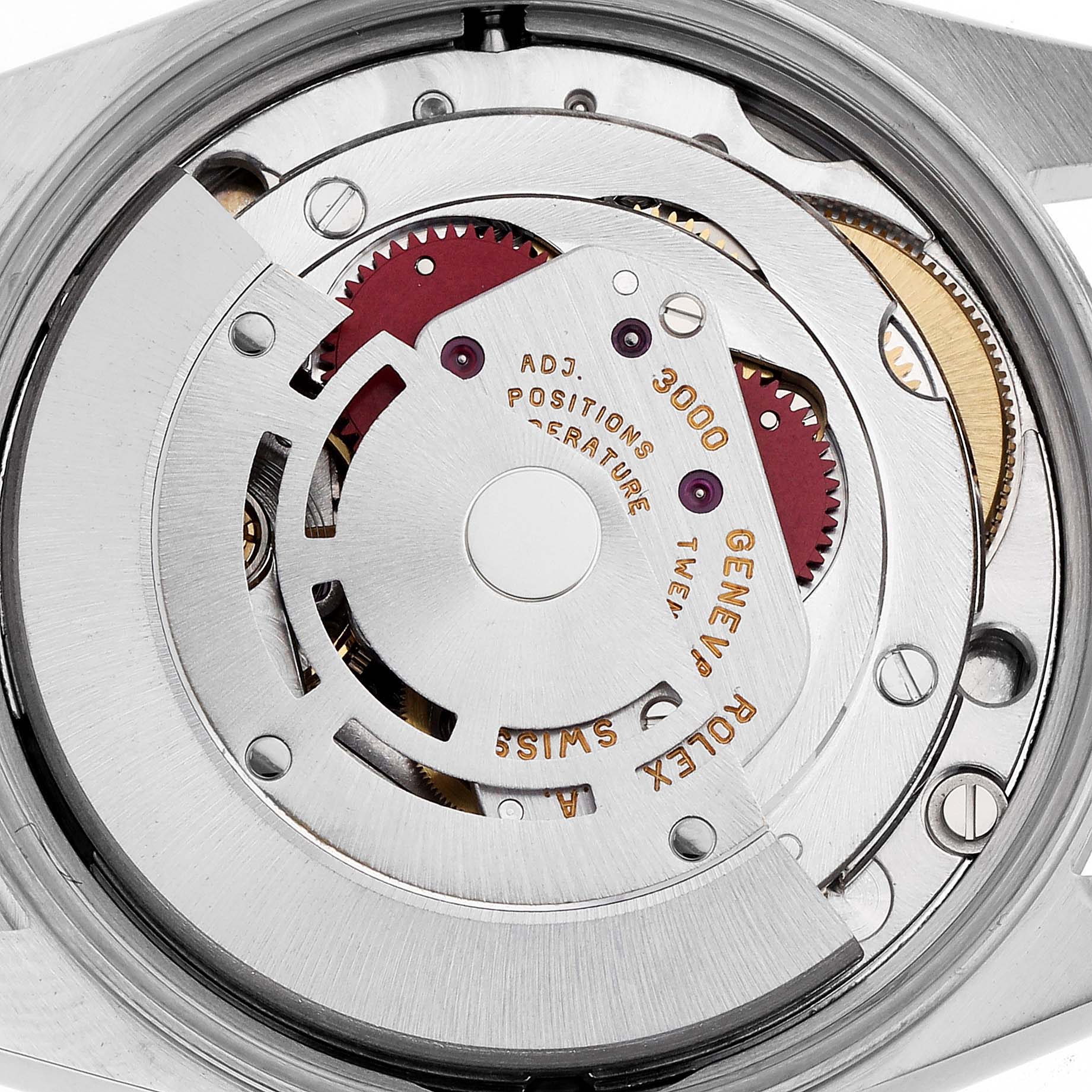 The image shows the movement mechanism of the Rolex Air-King 14000 Men's Stainless Steel Silver Dial, highlighting the rotor and gears from the back.