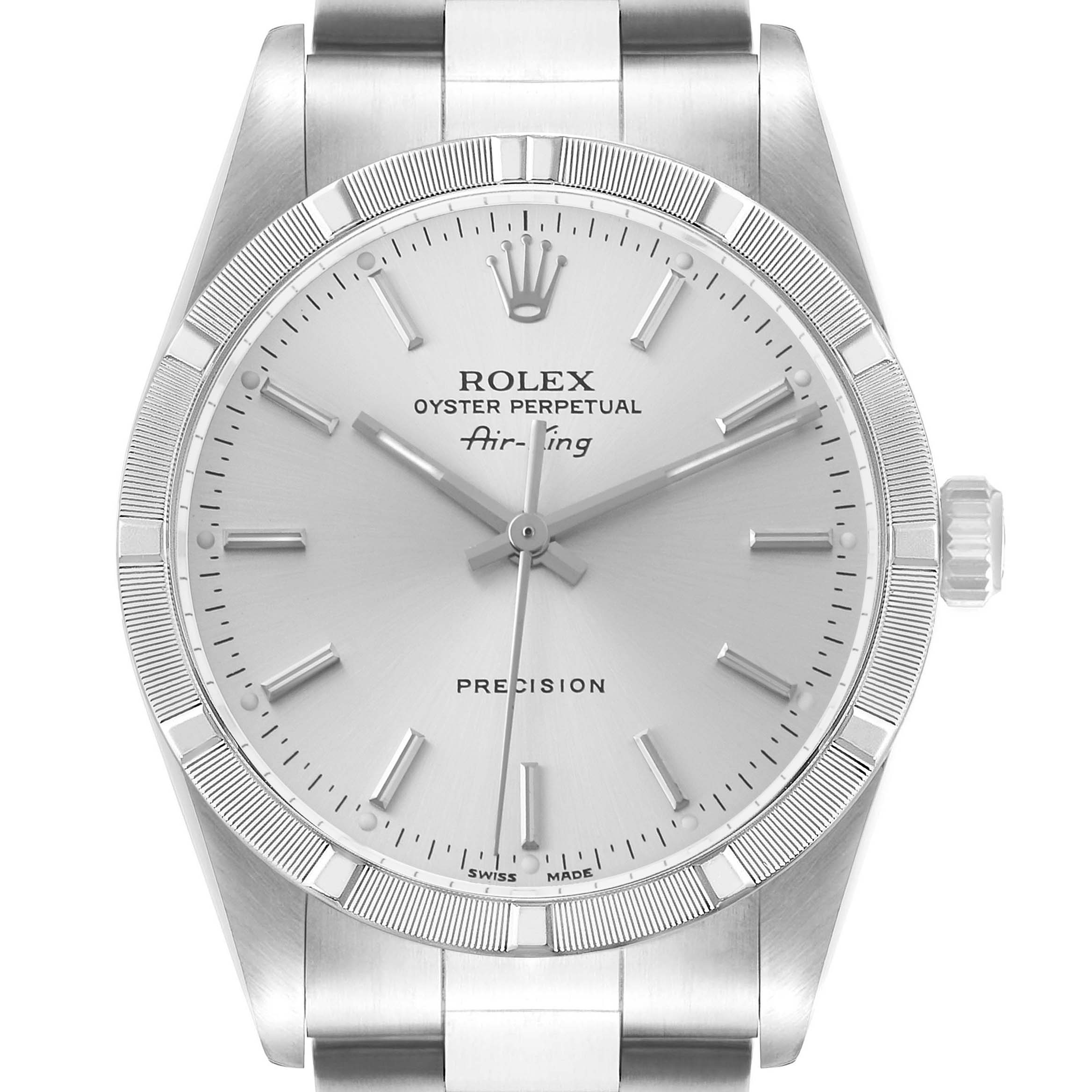 The Rolex Air-King 14010 Men's Stainless Steel Silver Dial watch is shown from a frontal angle, highlighting the dial, hands, crown, and part of the bracelet.