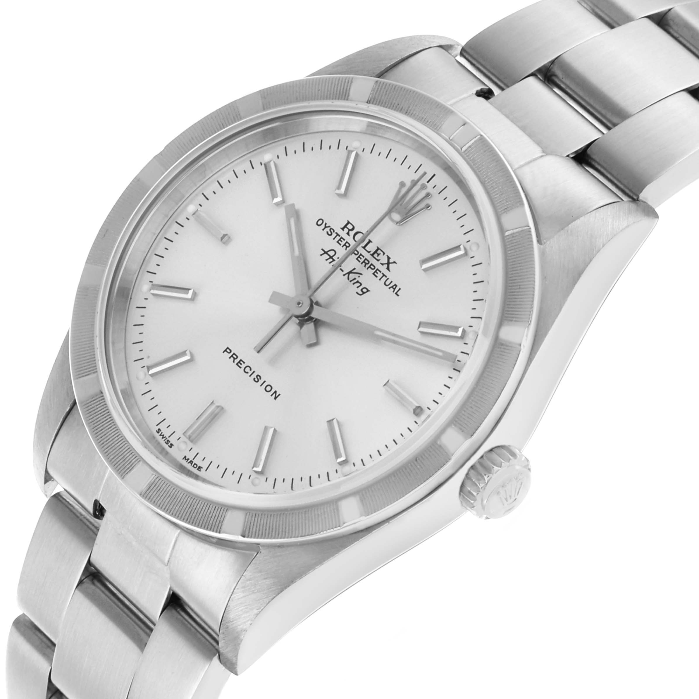 The Rolex Air-King 14010 Men's Stainless Steel Silver Dial is shown at a slight angle, displaying the watch face, bezel, crown, and bracelet.