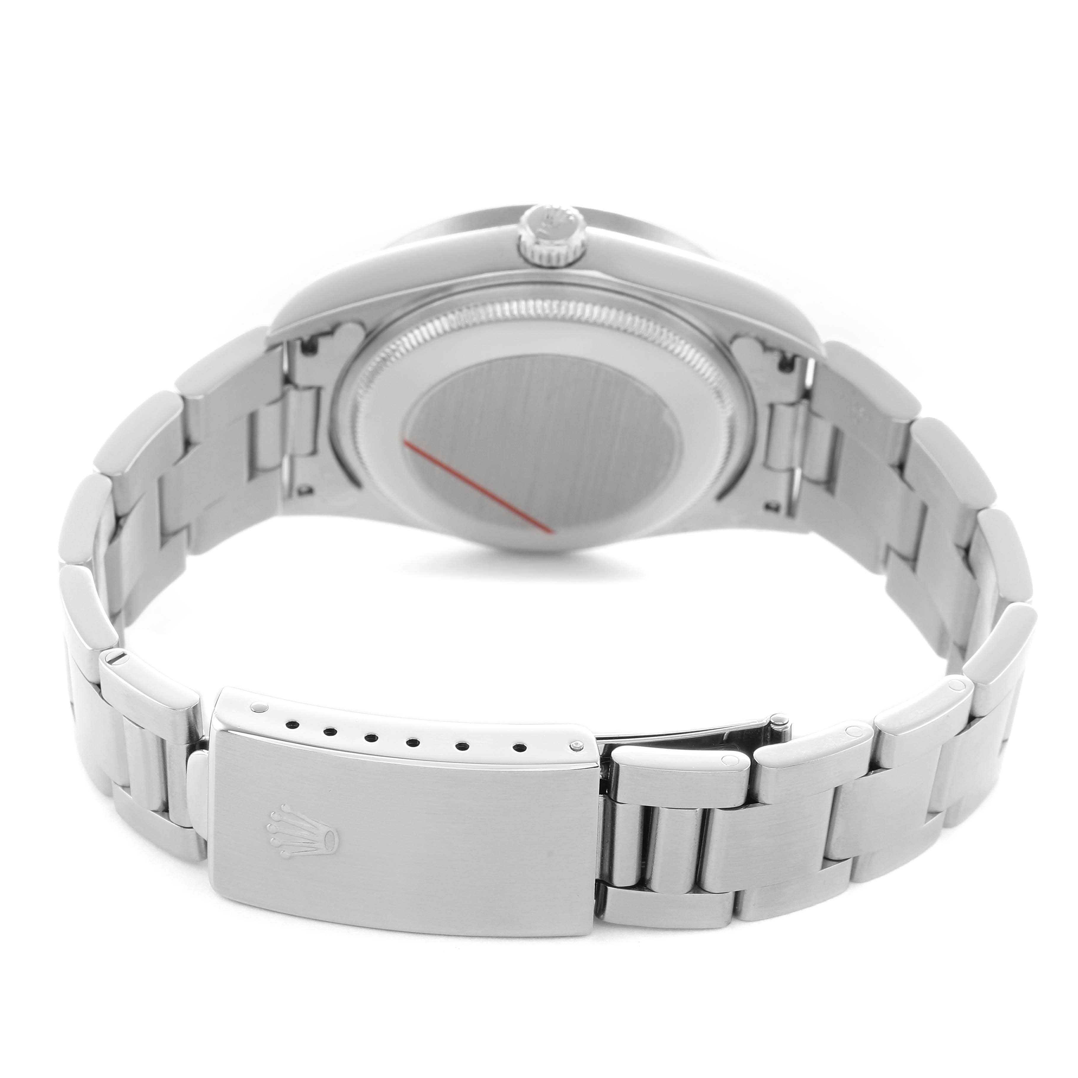 The Rolex Air-King 14010 Men's Stainless Steel Silver Dial watch is shown from a rear angle, highlighting the bracelet, clasp, case back, and crown.