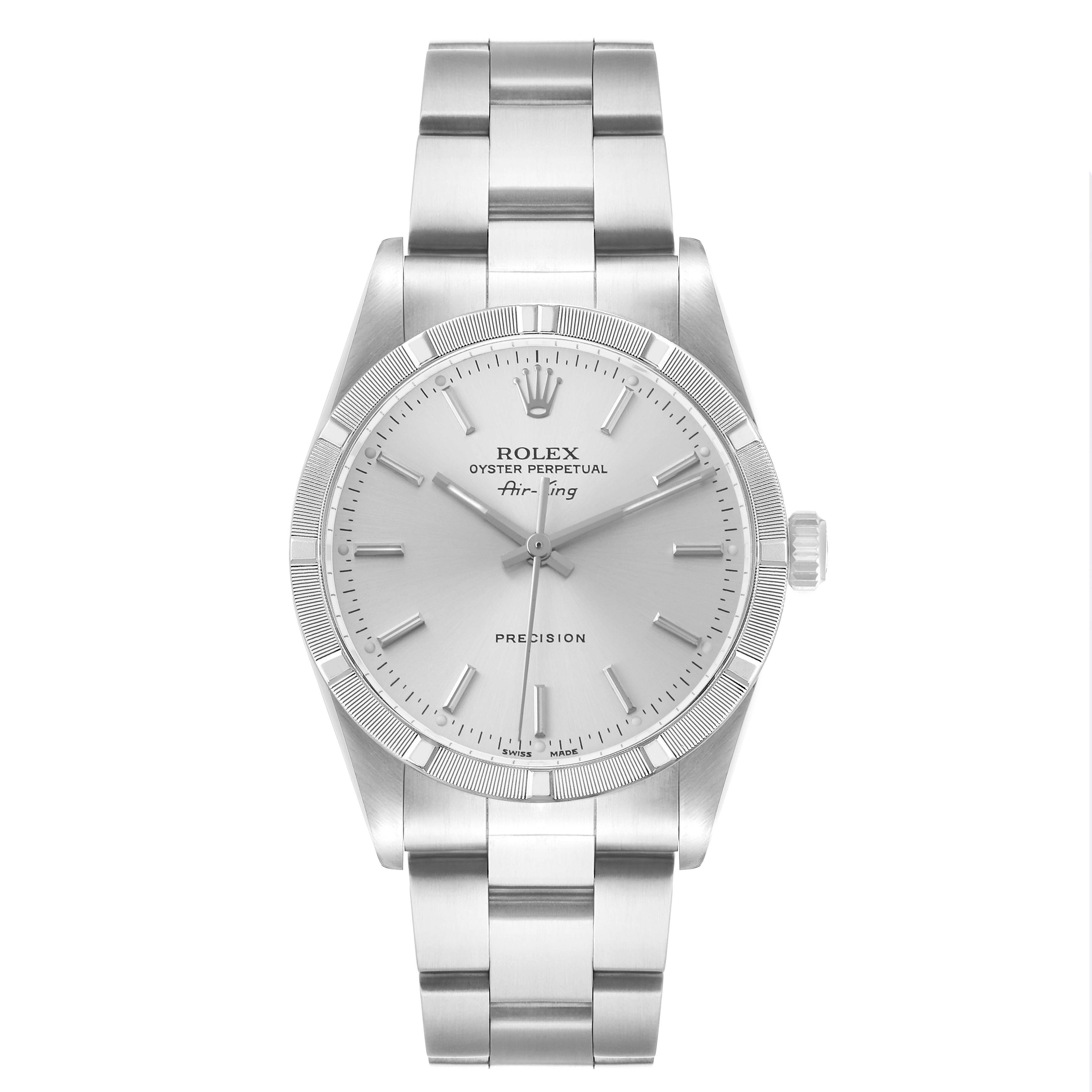 The Rolex Air-King 14010 Men's Stainless Steel Silver Dial is shown from a front angle, highlighting the dial, bezel, bracelet, and crown.