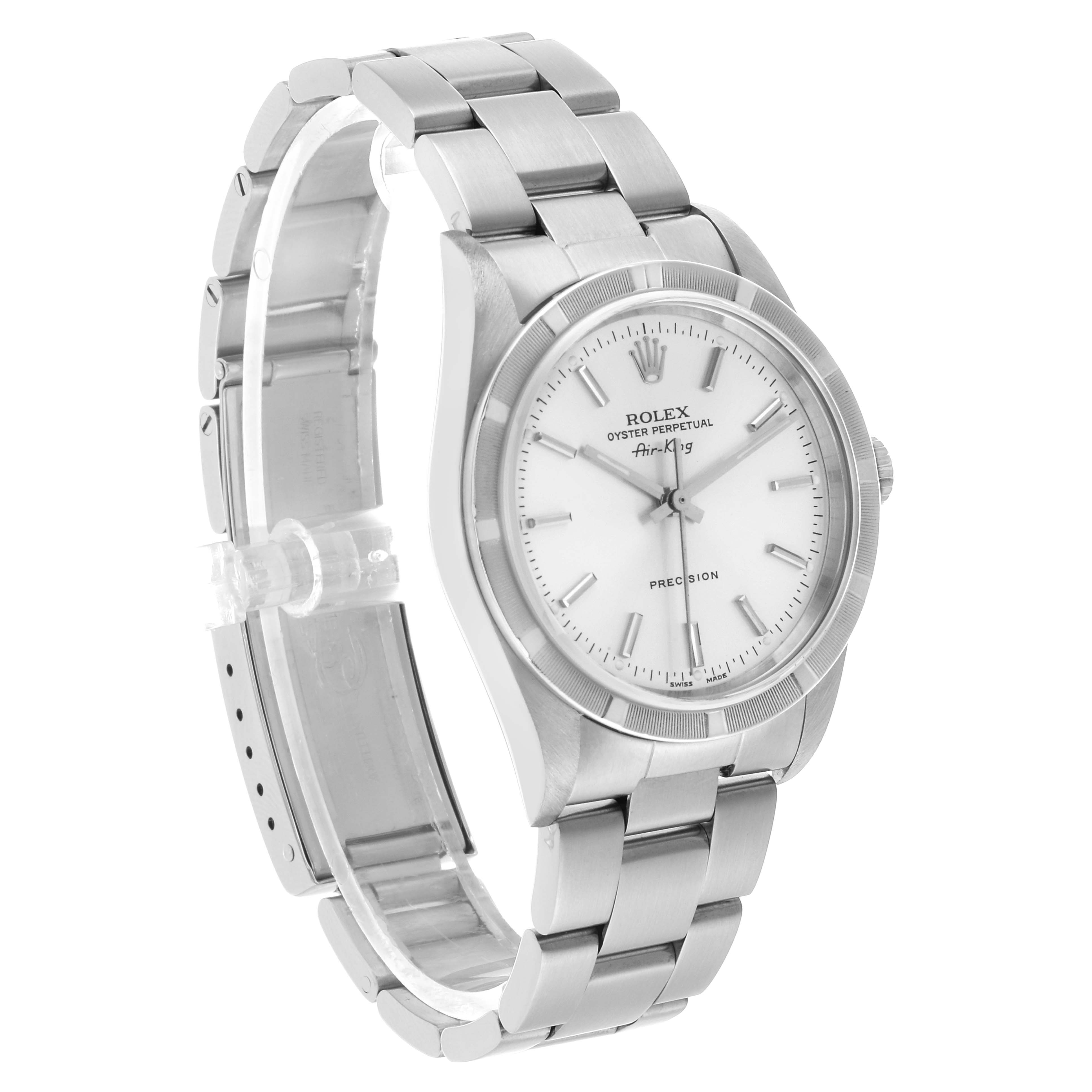 The Rolex Air-King 14010 Men's Stainless Steel Silver Dial watch is shown at a three-quarter angle, displaying the dial, bezel, and bracelet.