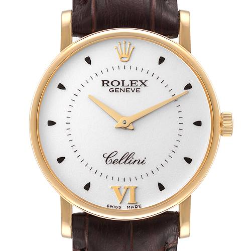 Photo of Rolex Cellini Classic Yellow Gold Silver Dial Brown Strap Mens Watch 5115