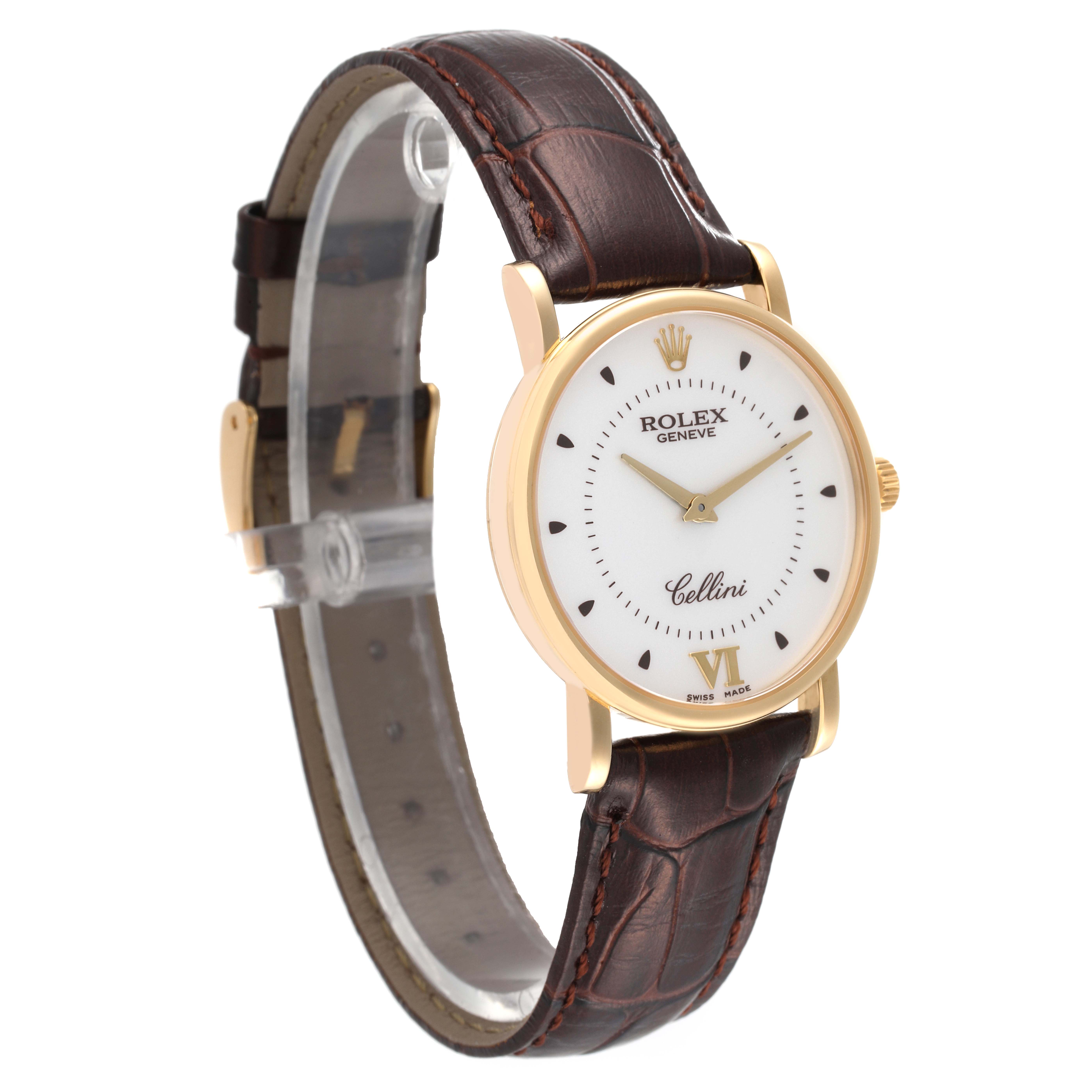 This image displays a side angle of the Rolex Cellini 5115 Men
s Yellow Gold Silver Dial 5115 Men
s Yellow Gold Silver Dial watch, showing its dial, gold case, and brown leather strap.