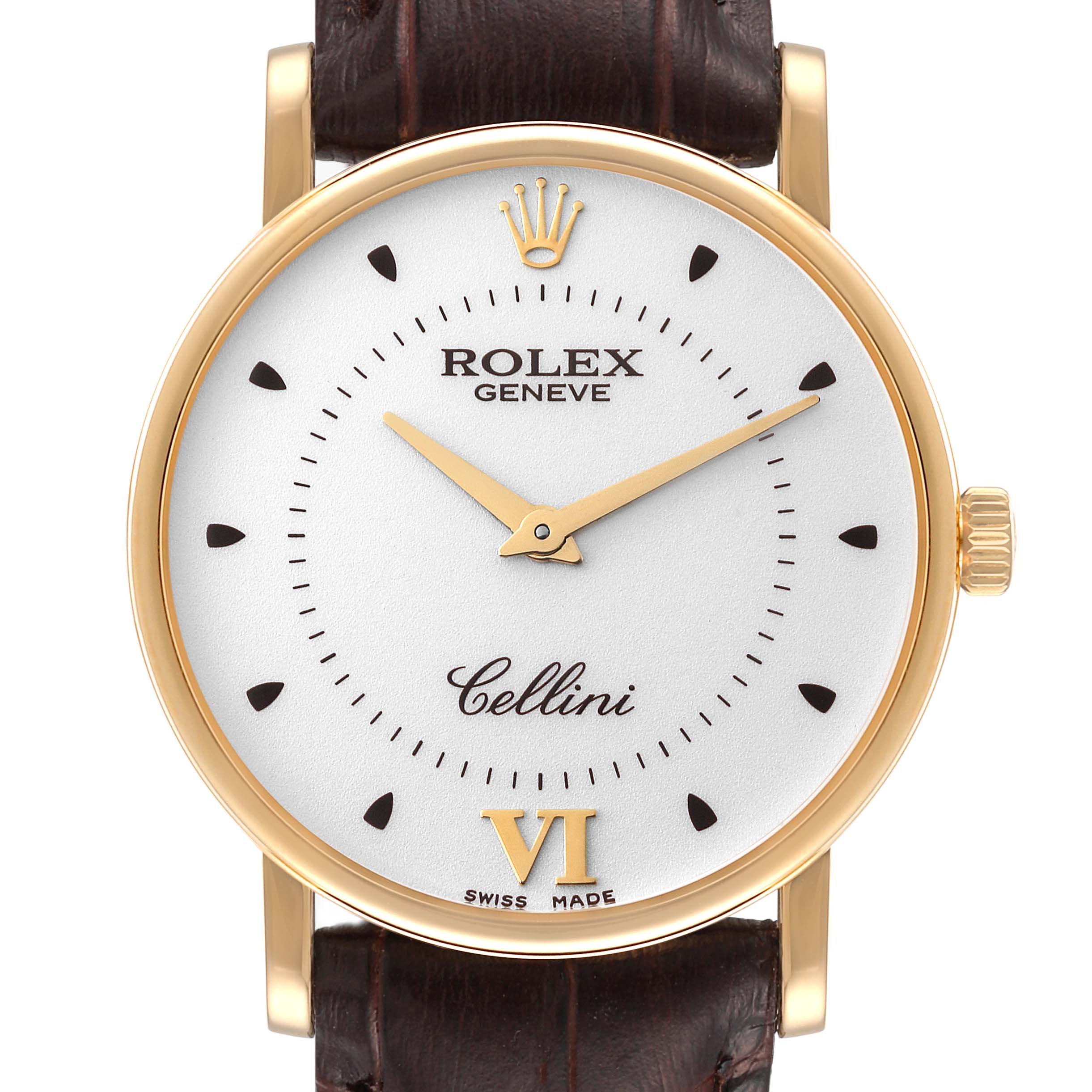 This image shows a front view of the Rolex Cellini 5115 Men
s Yellow Gold Silver Dial 5115 Men
s Yellow Gold Silver Dial watch, highlighting its dial, hands, and brown leather strap.