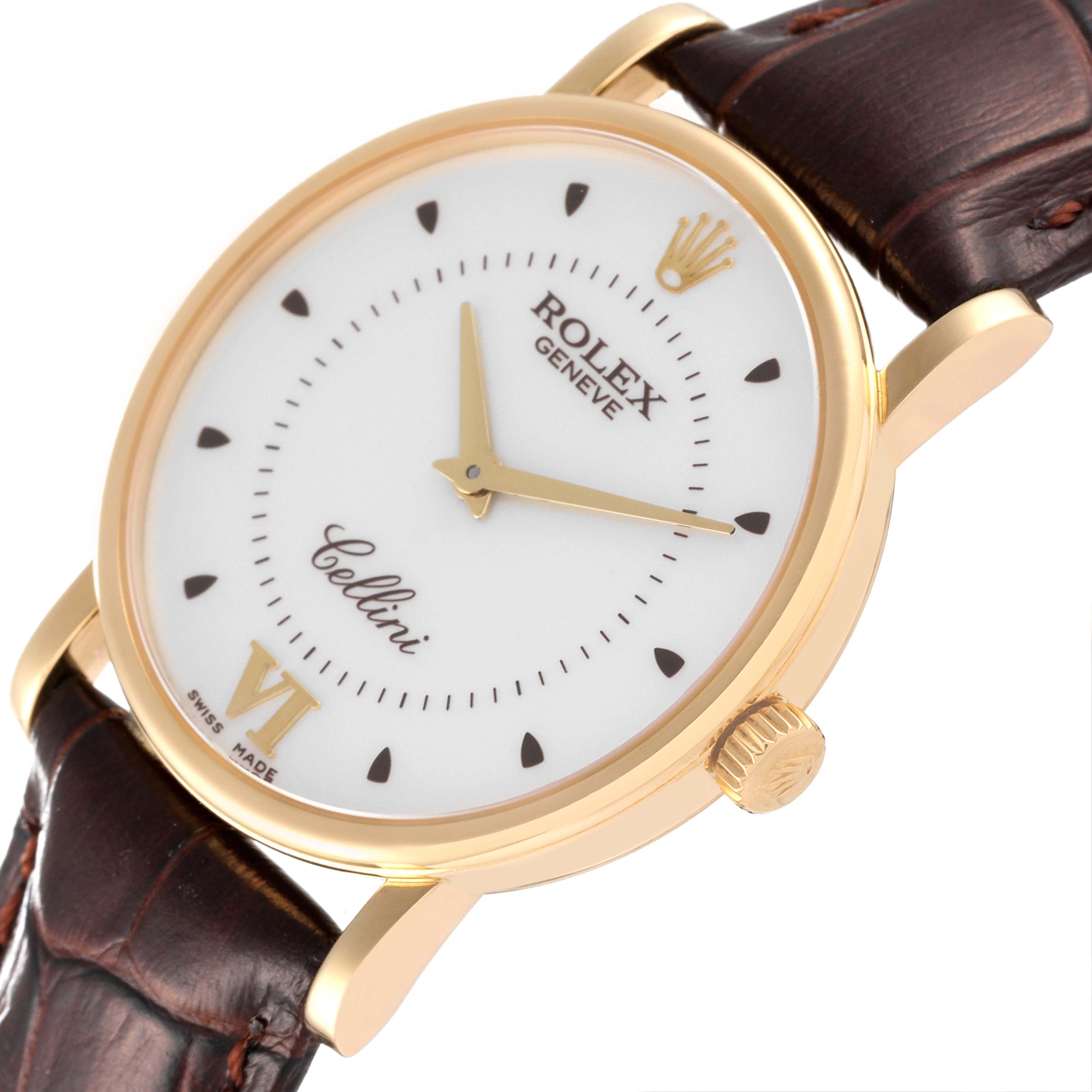 This image shows a close-up of the Rolex Cellini 5115 Men
s Yellow Gold Silver Dial 5115 Men
s Yellow Gold Silver Dial watch face, strap, crown, and part of the lugs at an oblique angle.