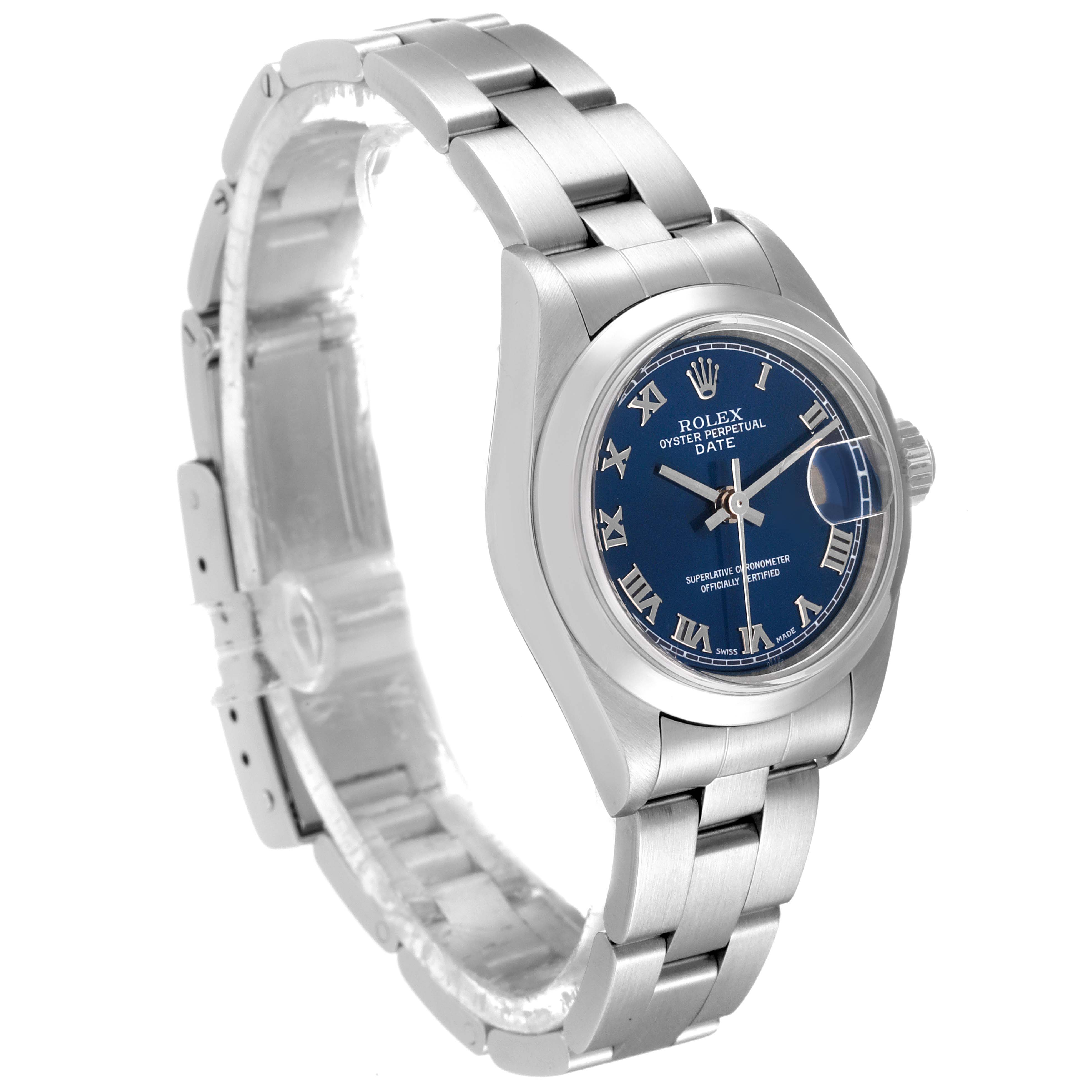 The image shows a Rolex Date 79160 Women
s Stainless Steel Blue Dial 79160 Women
s Stainless Steel Blue Dial model watch at a slight angle, focusing on the face, bezel, and bracelet.