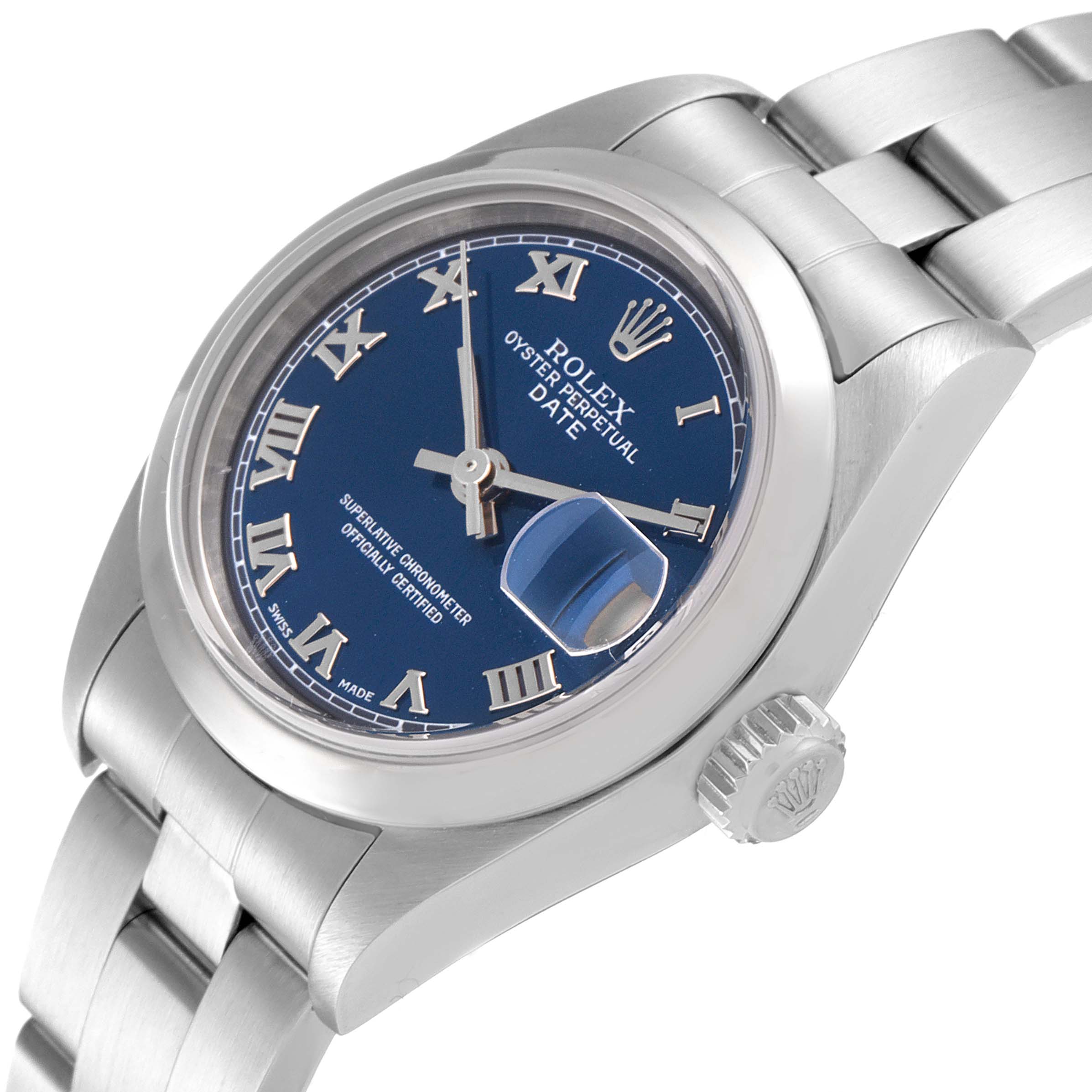 The image shows a Rolex Date 79160 Women
s Stainless Steel Blue Dial 79160 Women
s Stainless Steel Blue Dial model watch at an angle highlighting the blue dial, Roman numerals, and the winding crown.