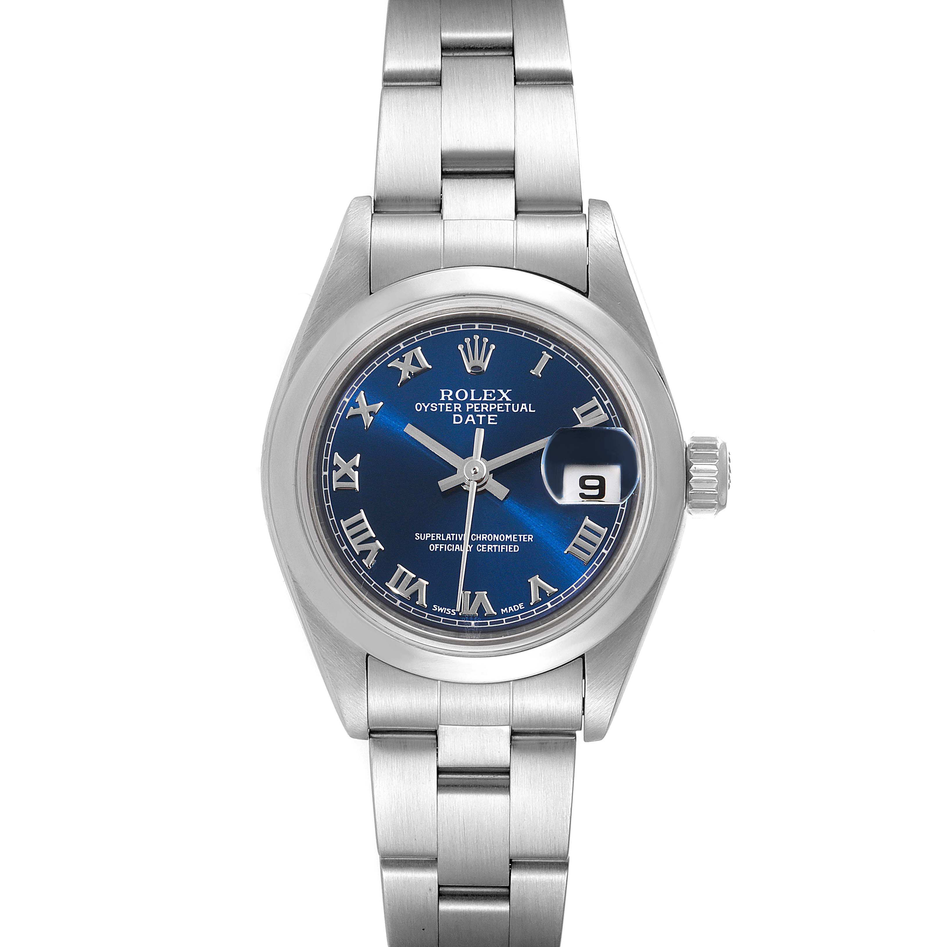This Rolex Date 79160 Women
s Stainless Steel Blue Dial 79160 Women
s Stainless Steel Blue Dial model watch is shown from a top-down angle, displaying its bracelet, blue dial, and date window.
