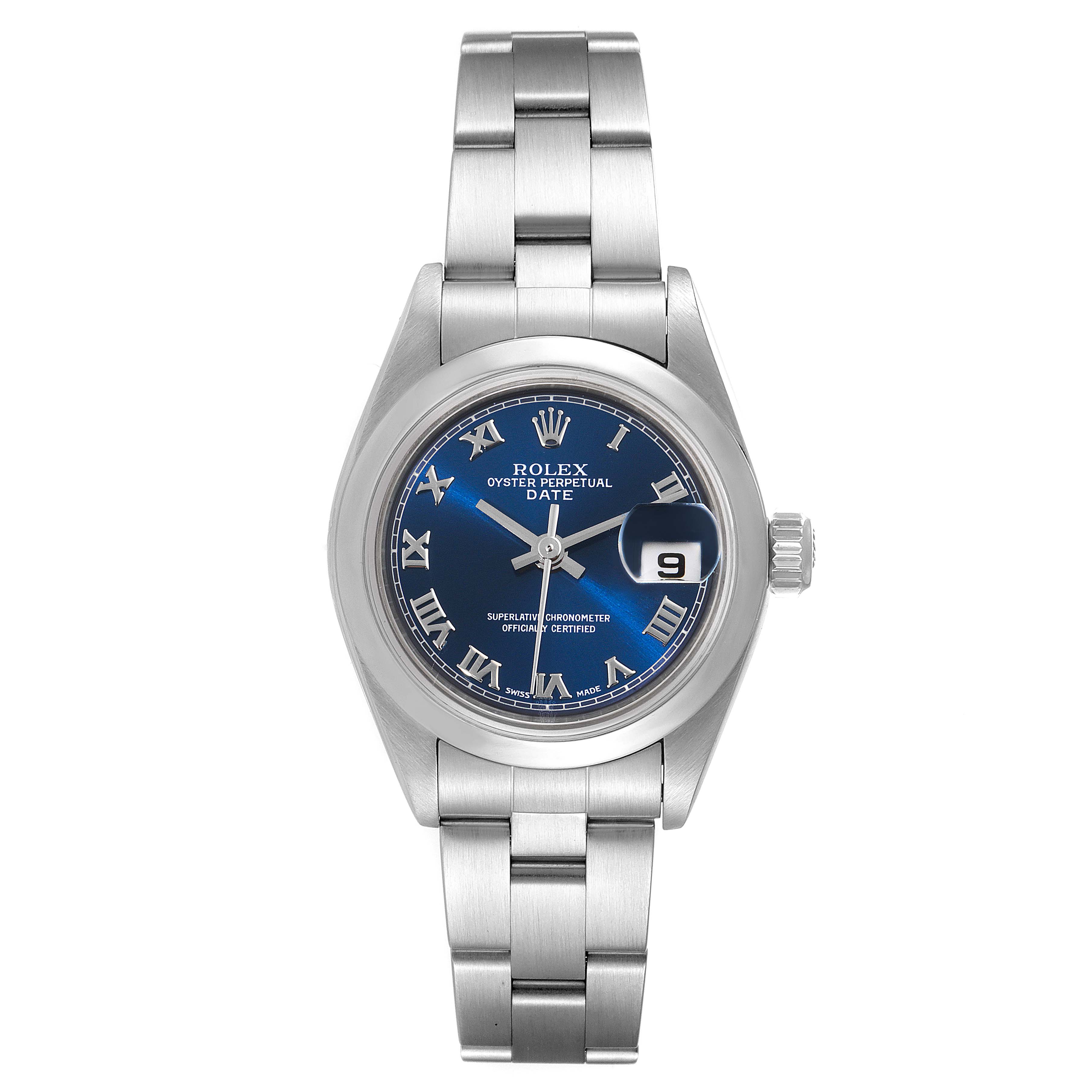 The image shows a full frontal view of a Rolex Date 79160 Women
s Stainless Steel Blue Dial 79160 Women
s Stainless Steel Blue Dial model watch, highlighting its face, hour markers, date window, and bracelet.