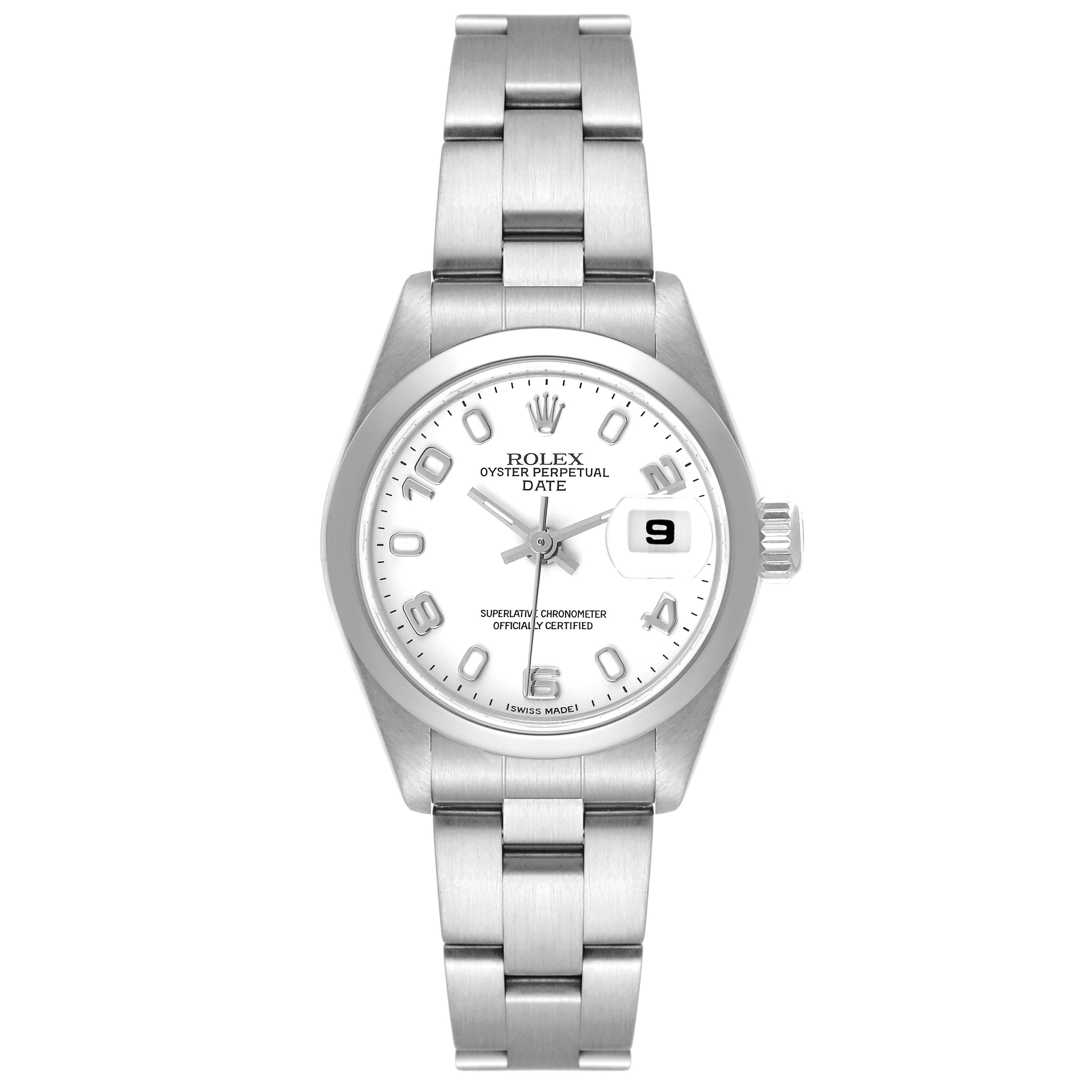 This image shows a frontal view of a Rolex Date 79160 Women's Stainless Steel White Dial 79160 Women's Stainless Steel White Dial model watch, displaying the dial, date window, and bracelet.
