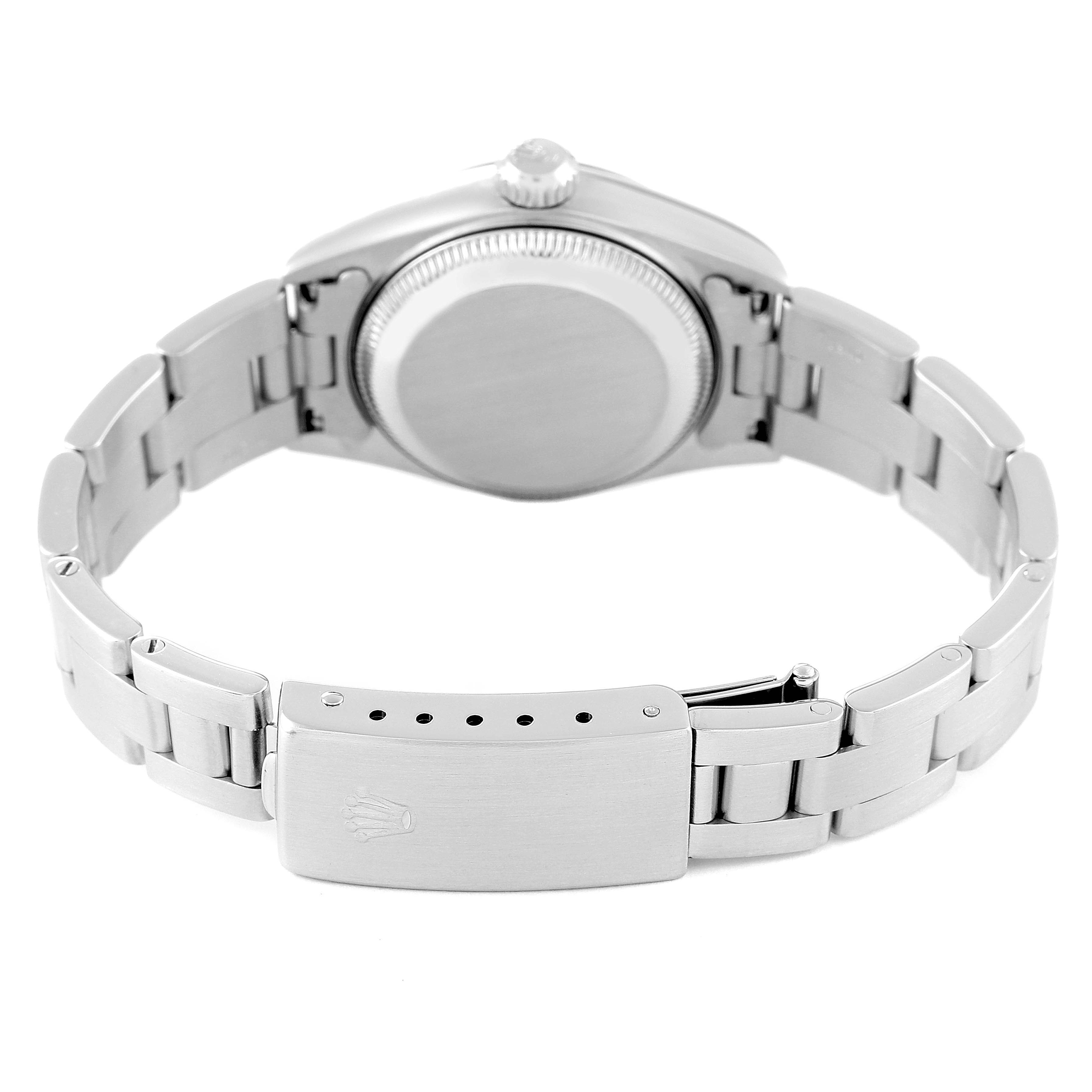 This image shows the back view of a Rolex Date 79160 Women's Stainless Steel White Dial 79160 Women's Stainless Steel White Dial model, highlighting the closed clasp and bracelet links.