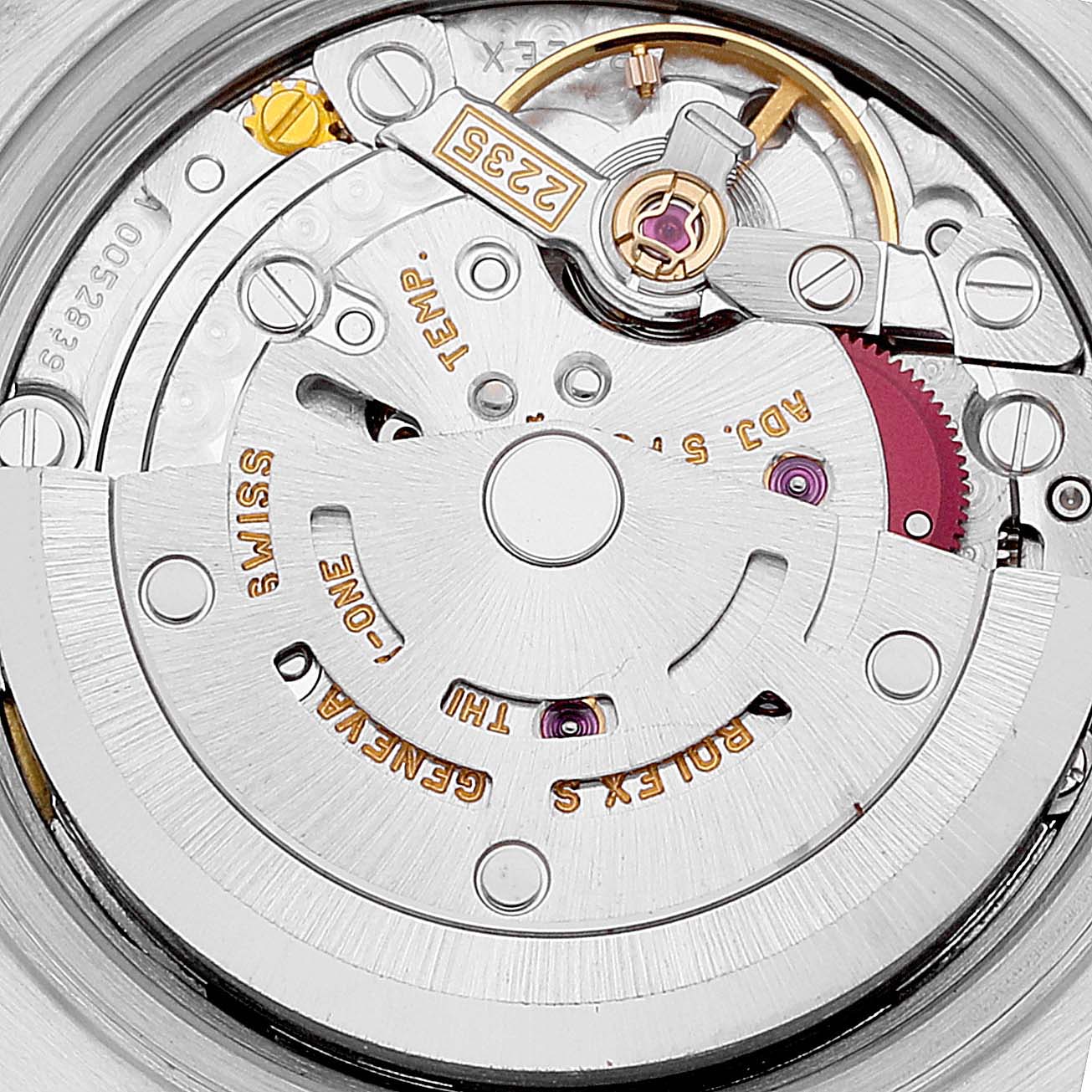 This image shows the intricate internal movement of a Rolex Date 79160 Women's Stainless Steel White Dial 79160 Women's Stainless Steel White Dial model watch at a close-up angle.