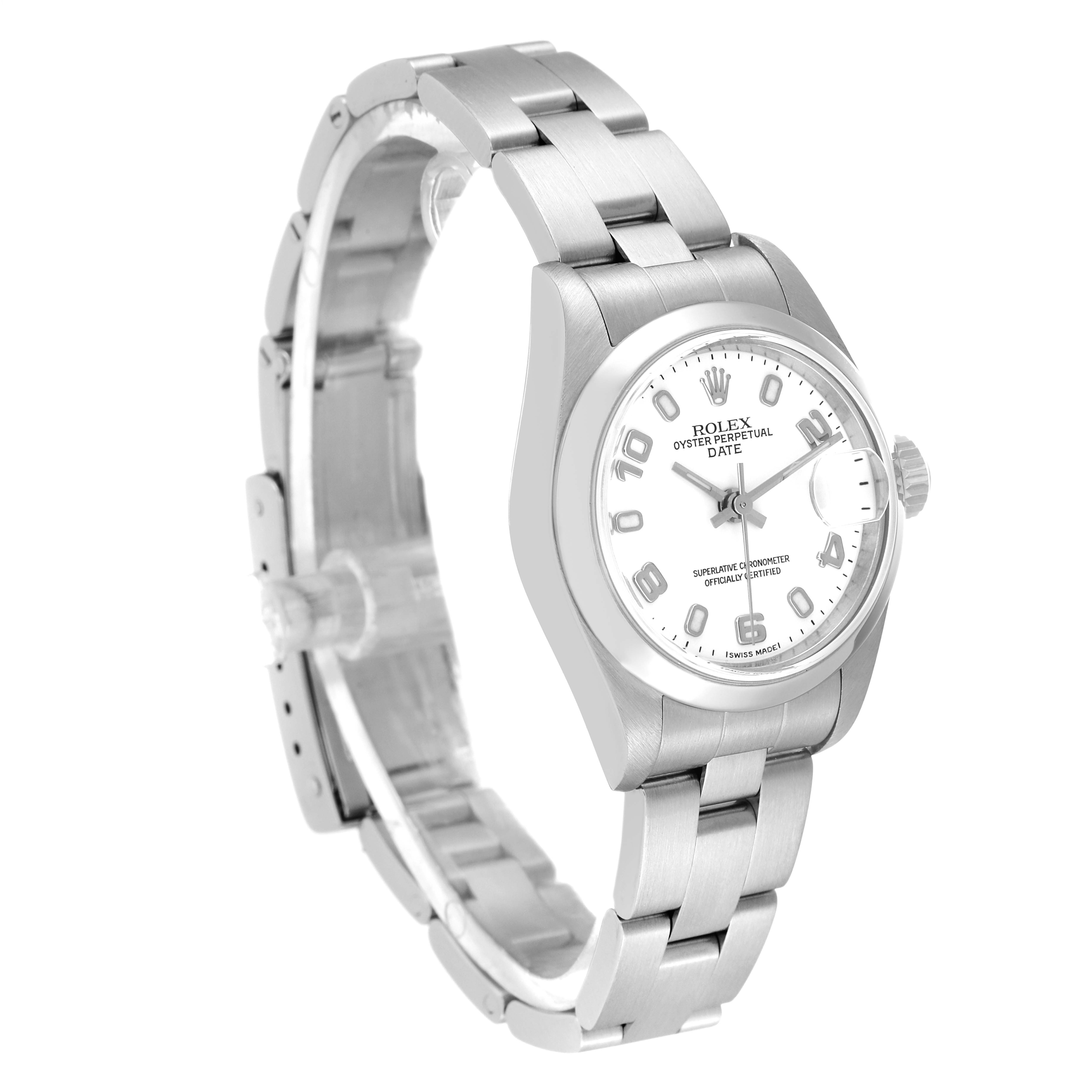 This image shows a Rolex Date 79160 Women's Stainless Steel White Dial 79160 Women's Stainless Steel White Dial model watch from an angled side view highlighting the face, bezel, crown, and bracelet.