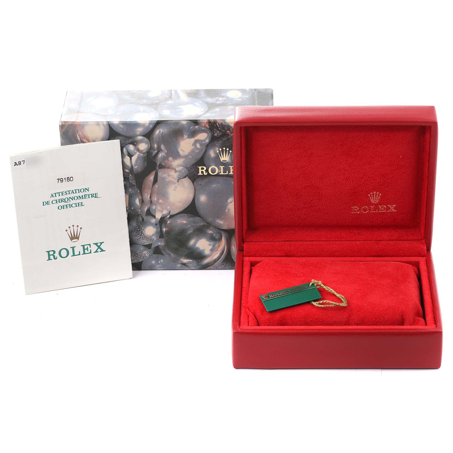 The image shows a Rolex Date 79160 Women's Stainless Steel White Dial 79160 Women's Stainless Steel White Dial model watch box, tag, and official chronometer certification, viewed from the front.