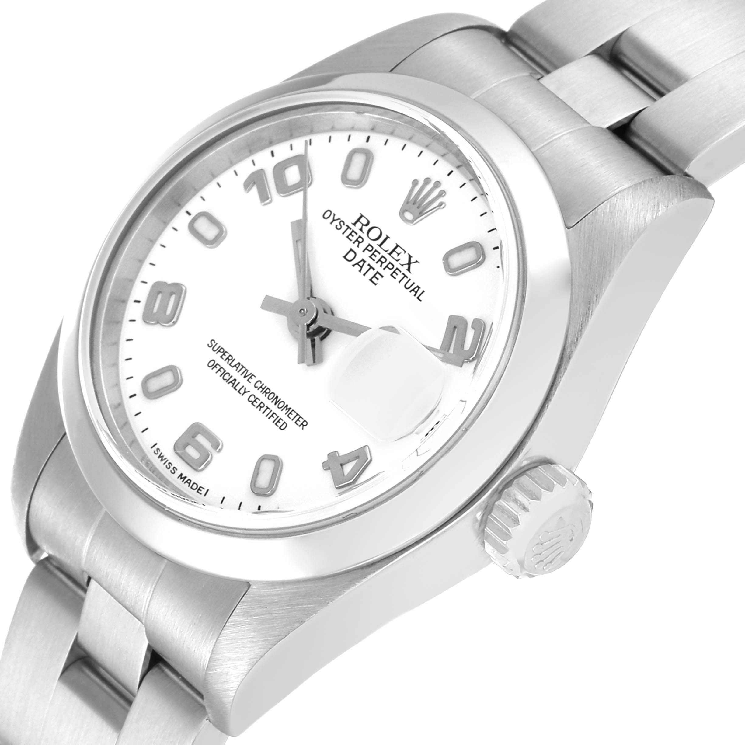 The Rolex Oyster Perpetual Date model is shown at an angle highlighting the face, bezel, crown, and part of the bracelet.