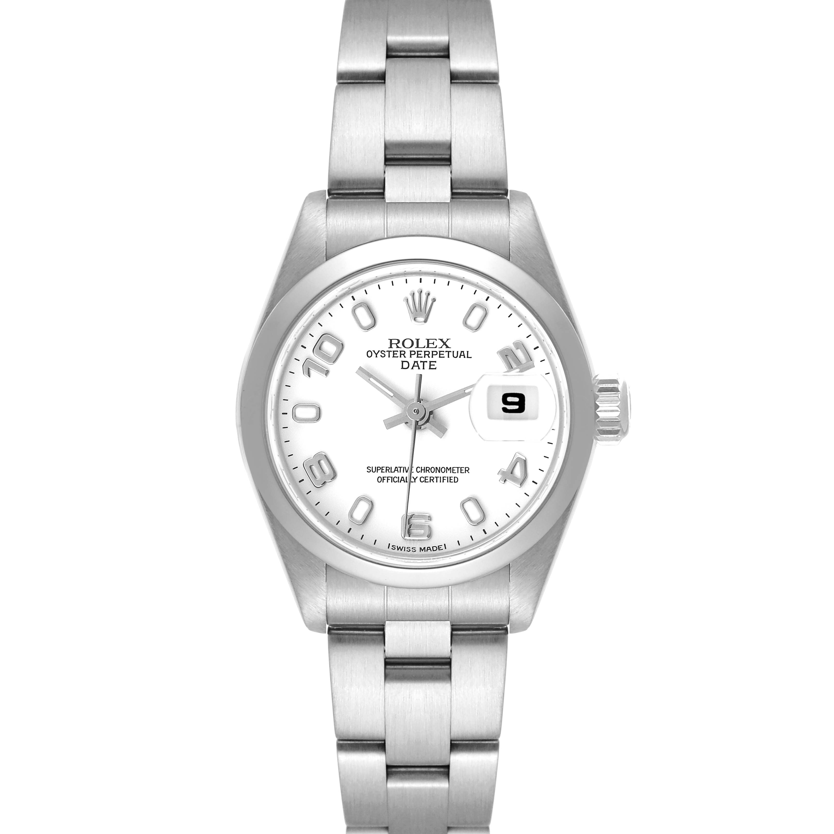 This image shows a front view of a Rolex Date 79160 Women's Stainless Steel White Dial 79160 Women's Stainless Steel White Dial model watch, highlighting its face and metal band.