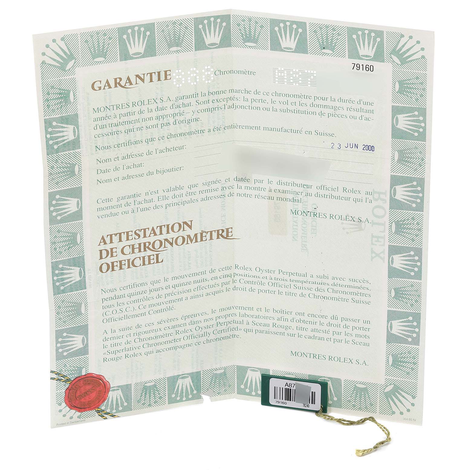 The image shows a folded warranty and official chronometer certification document for a Rolex Date 79160 Women's Stainless Steel White Dial 79160 Women's Stainless Steel White Dial model watch.