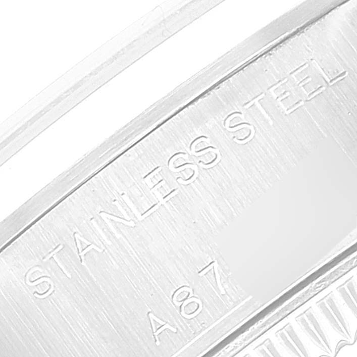 This is a close-up image of the stainless steel case back of a Rolex Date 79160 Women's Stainless Steel White Dial 79160 Women's Stainless Steel White Dial model watch.