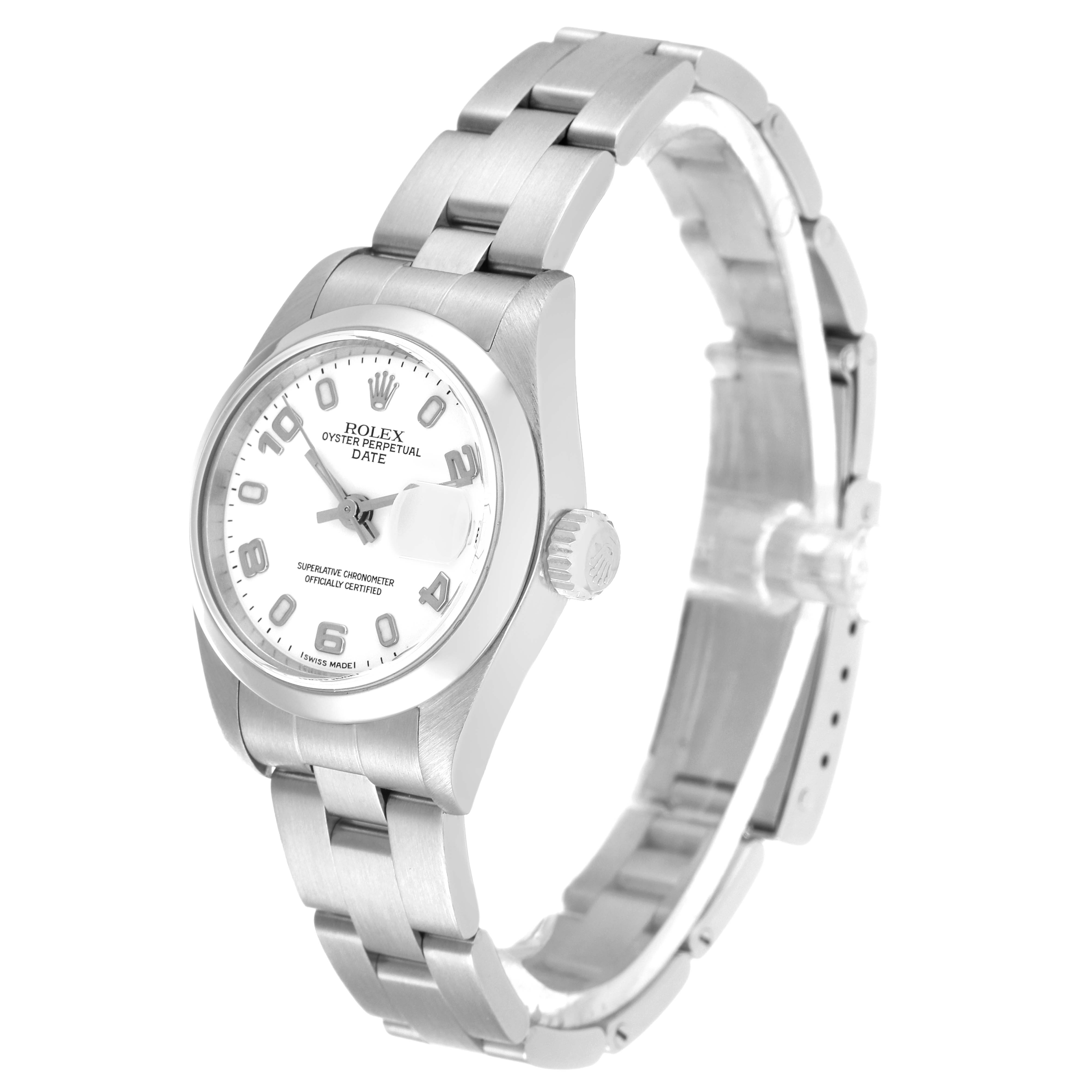 The image shows a Rolex Date 79160 Women's Stainless Steel White Dial 79160 Women's Stainless Steel White Dial model watch from a front angle, displaying the face, bezel, crown, and bracelet.