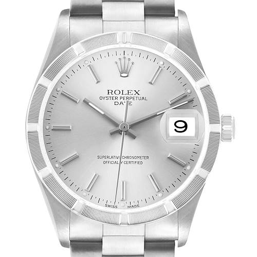 Photo of Rolex Date Engine Turned Bezel Silver Dial Steel Mens Watch 15210