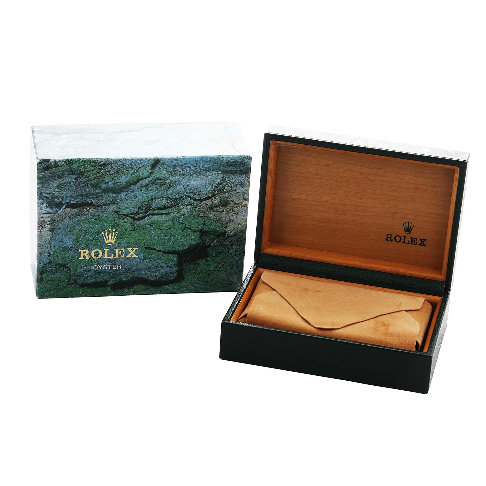 The image shows a Rolex Date 15210 Men's Stainless Steel Silver Dial model box and packaging at a front angle, including an open wooden interior and protective wrapping.