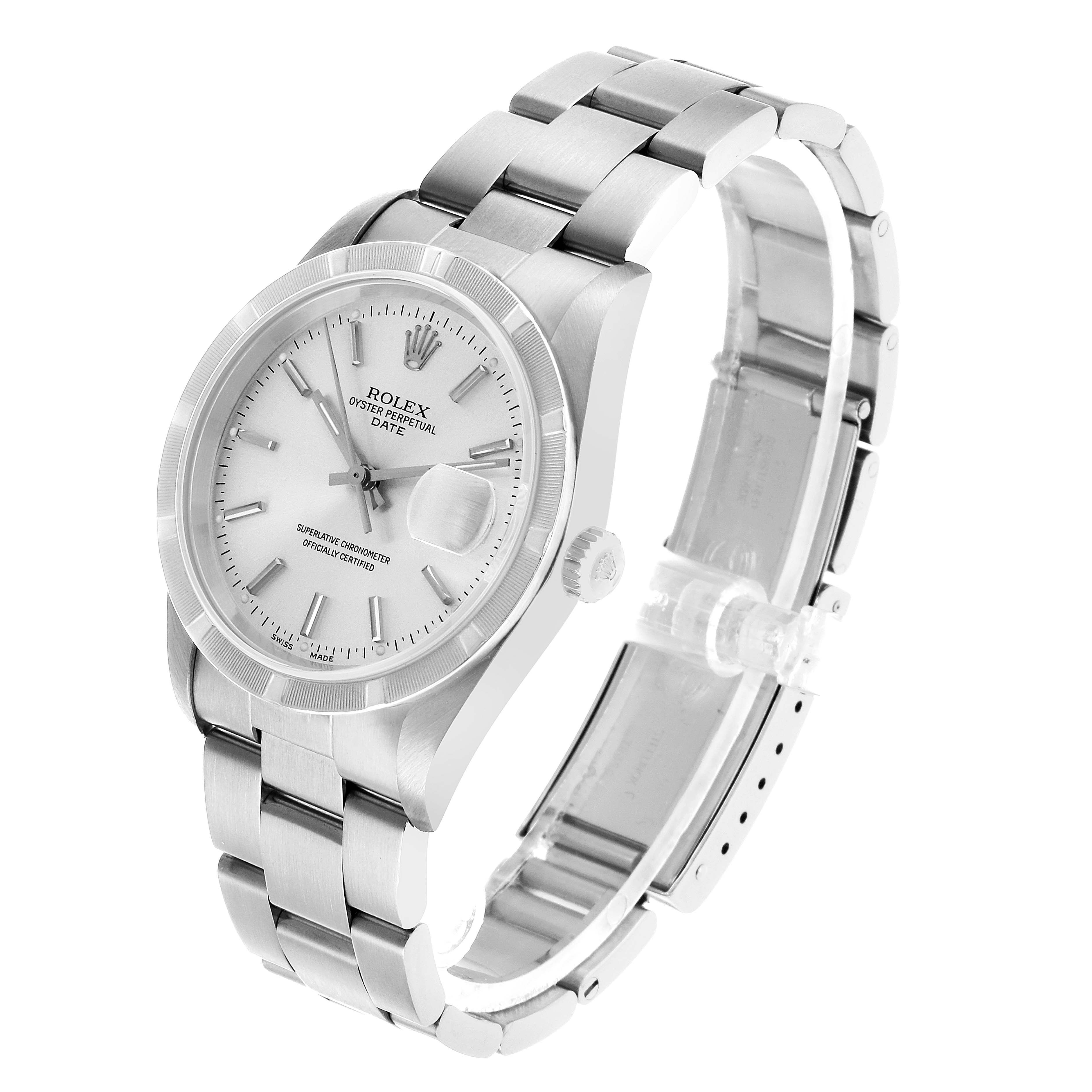 The Rolex Date 15210 Men's Stainless Steel Silver Dial model watch is shown at an angled side view featuring the dial, bezel, bracelet, and crown.