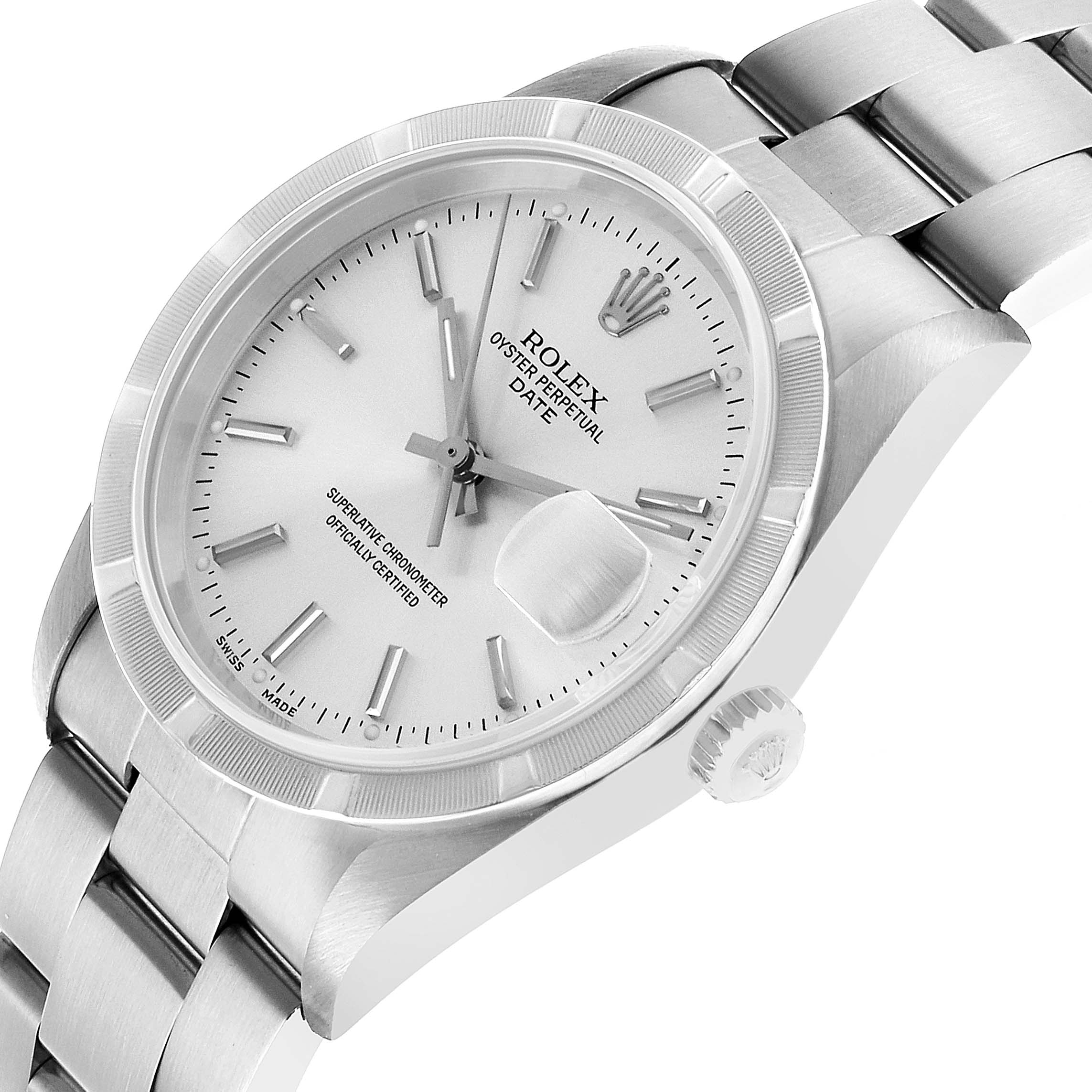 The Rolex Date 15210 Men's Stainless Steel Silver Dial watch is shown at a slight angle, highlighting the dial, bezel, bracelet, and crown.