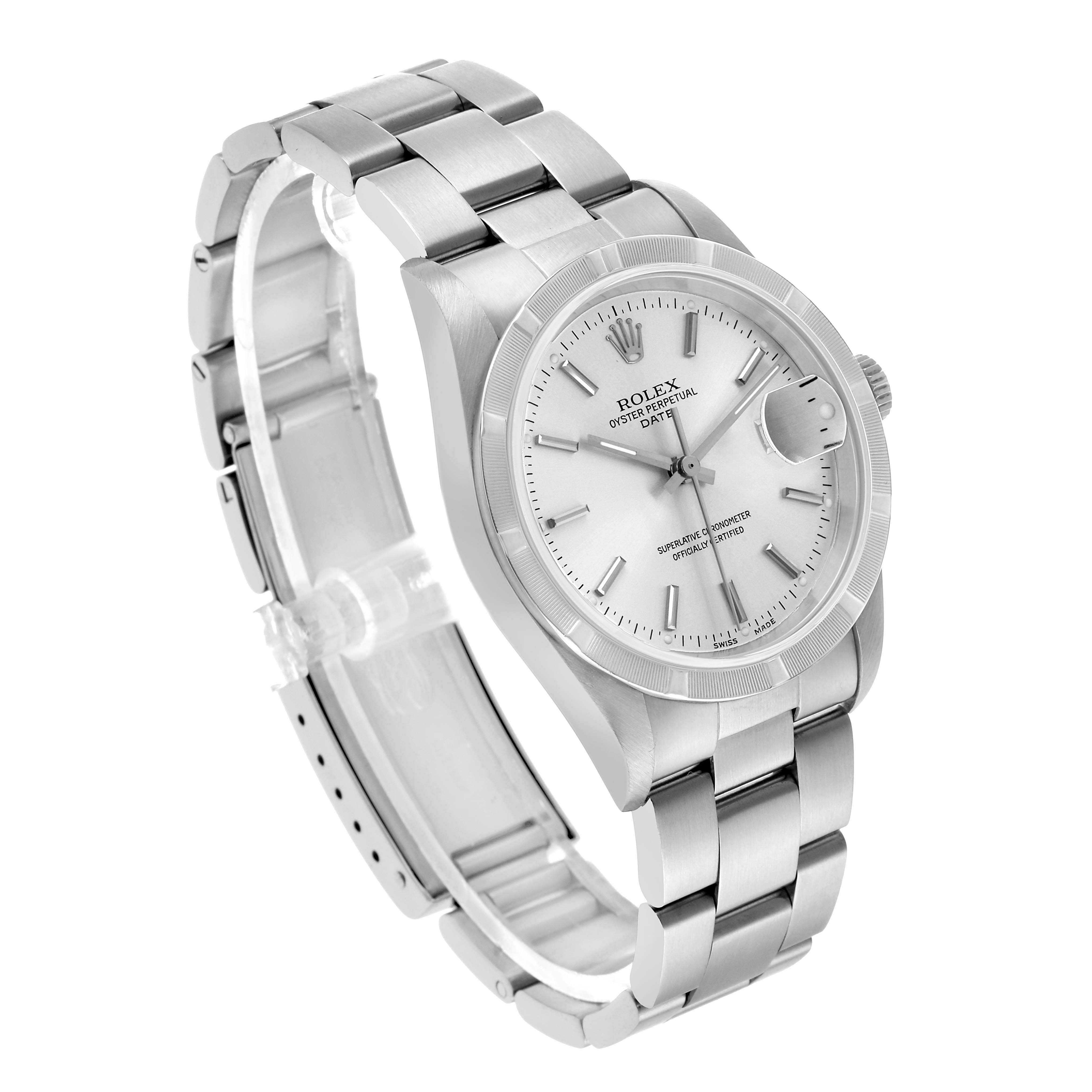 The Rolex Date 15210 Men's Stainless Steel Silver Dial model is shown at a slight angle highlighting the face, bracelet, and crown.
