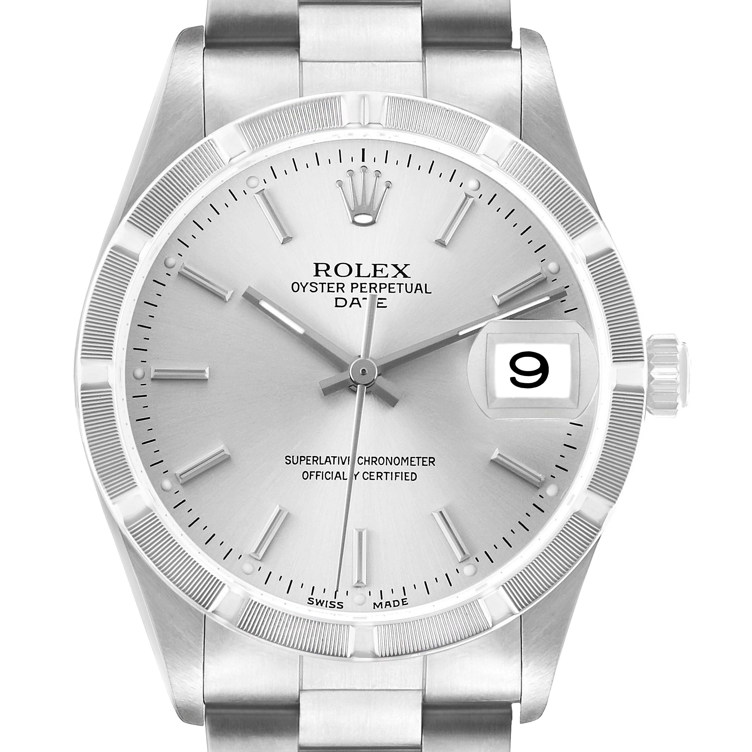 The Rolex Date 15210 Men's Stainless Steel Silver Dial model is shown from a front angle, displaying its dial, bezel, crown, and part of the bracelet.