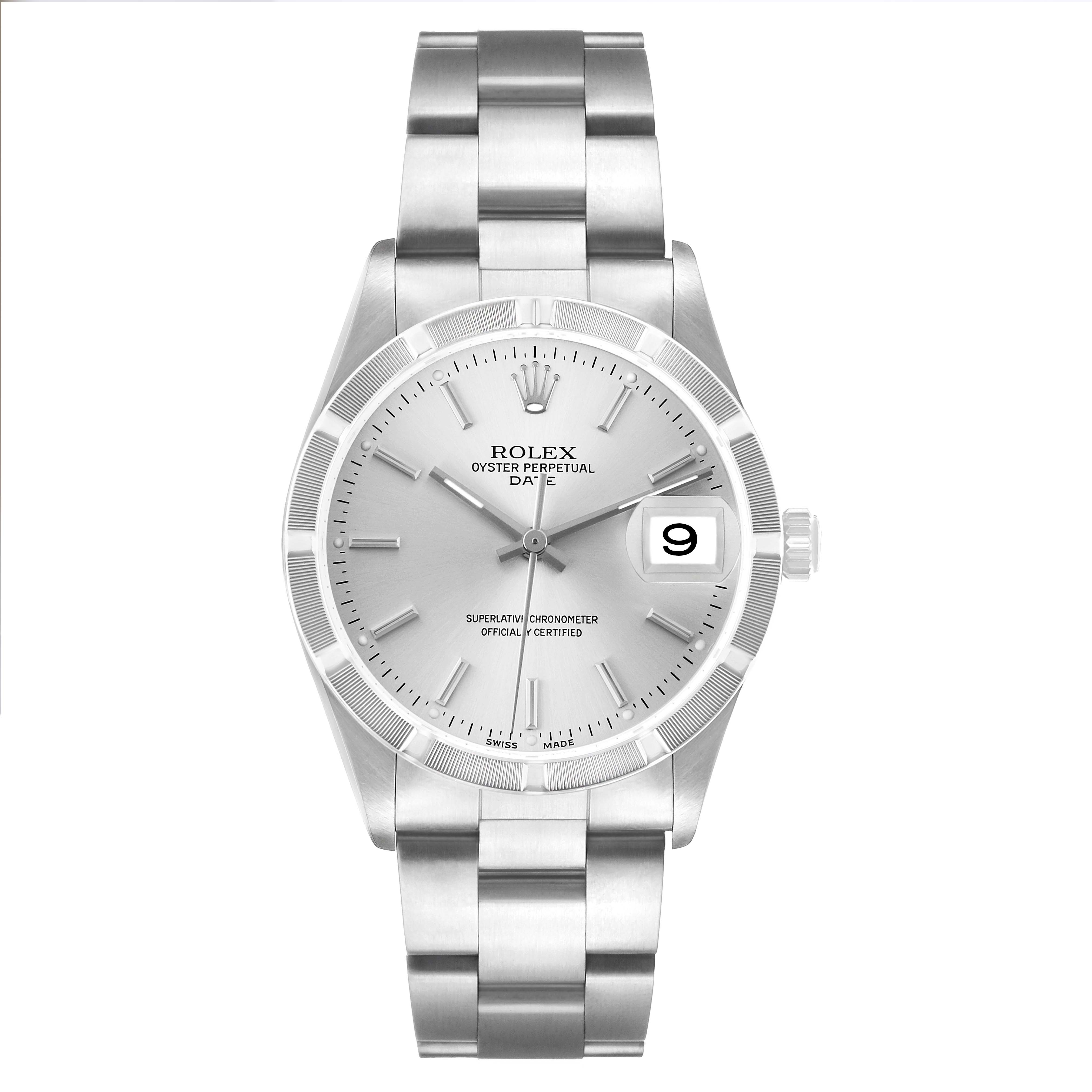 The Rolex Date 15210 Men's Stainless Steel Silver Dial model watch is shown from a frontal angle, highlighting the dial, hands, bezel, and bracelet.