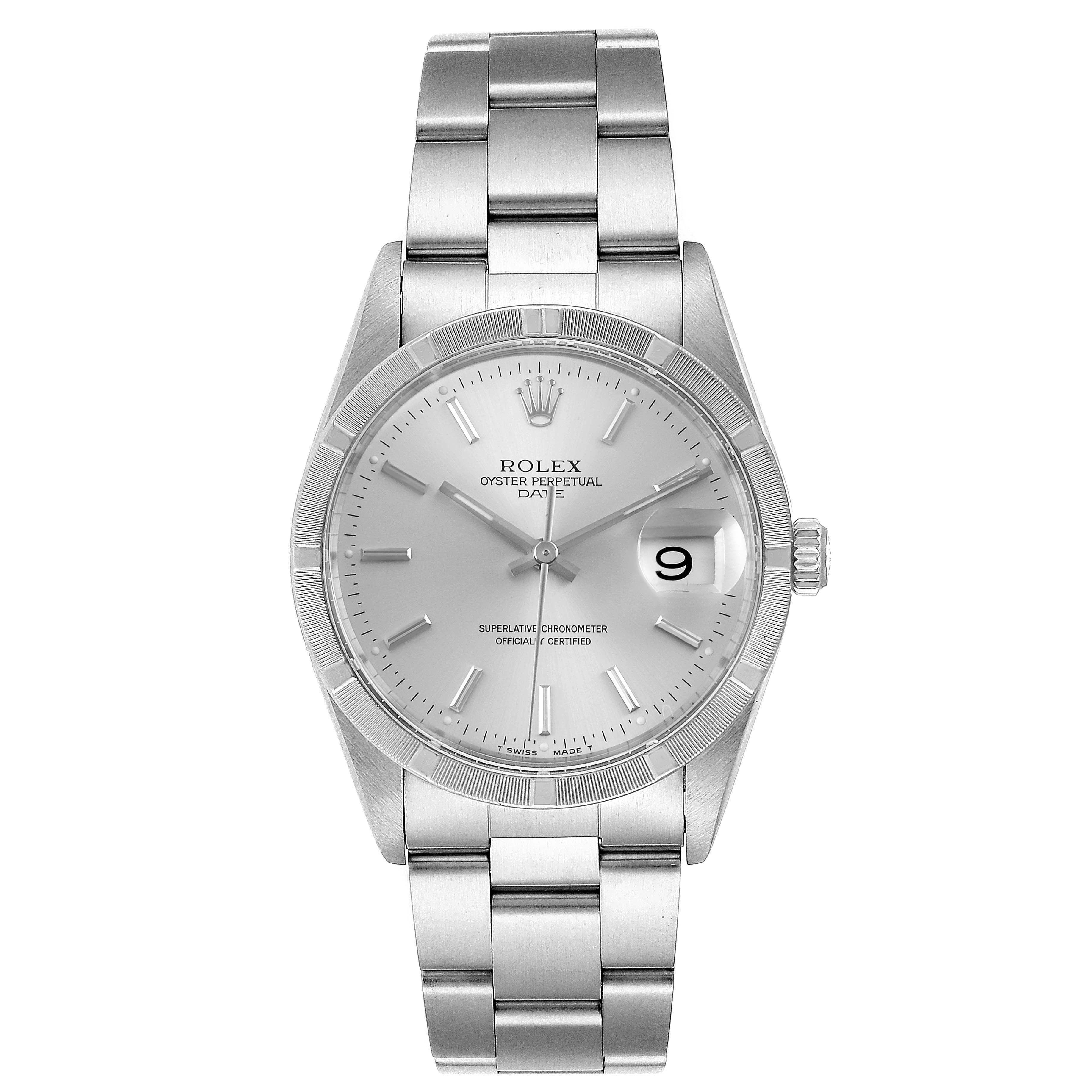 The image shows a front view of a Rolex Oyster Perpetual Date watch, displaying the dial, bracelet, and date window.