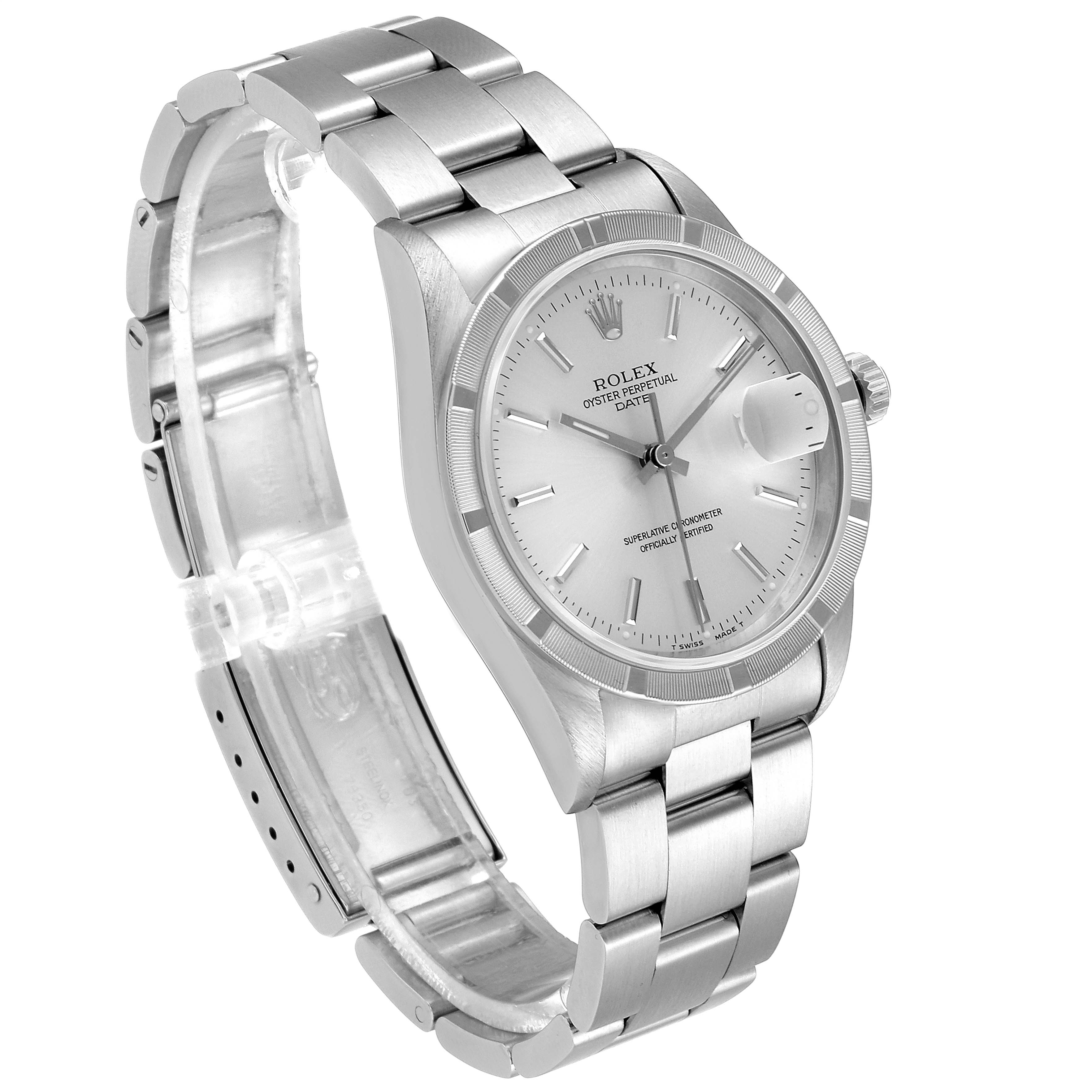 The image shows a Rolex Date 15210 Men's Stainless Steel Silver Dial 15210 Men's Stainless Steel Silver Dial model watch at a three-quarter angle, highlighting the face, bracelet, and clasp.