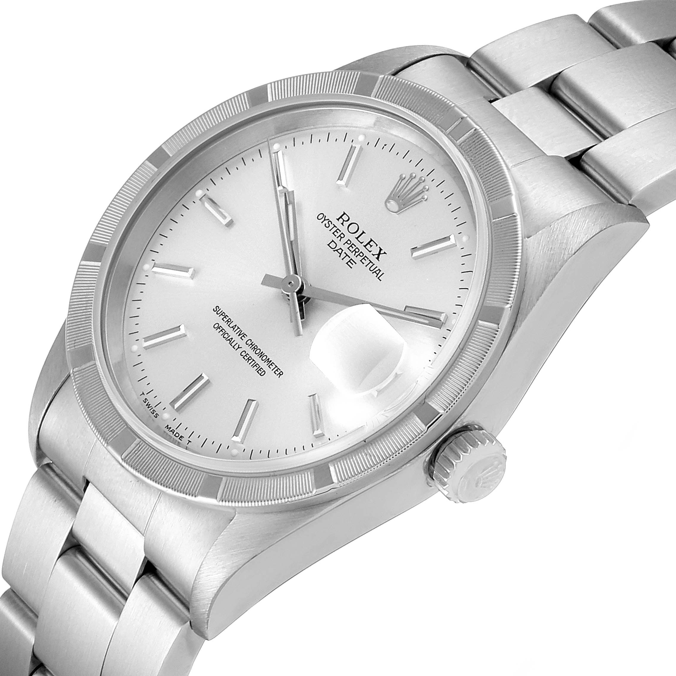 The image shows a close-up, angled view of a Rolex Date 15210 Men's Stainless Steel Silver Dial 15210 Men's Stainless Steel Silver Dial model watch, highlighting the face, bezel, crown, and part of the bracelet.