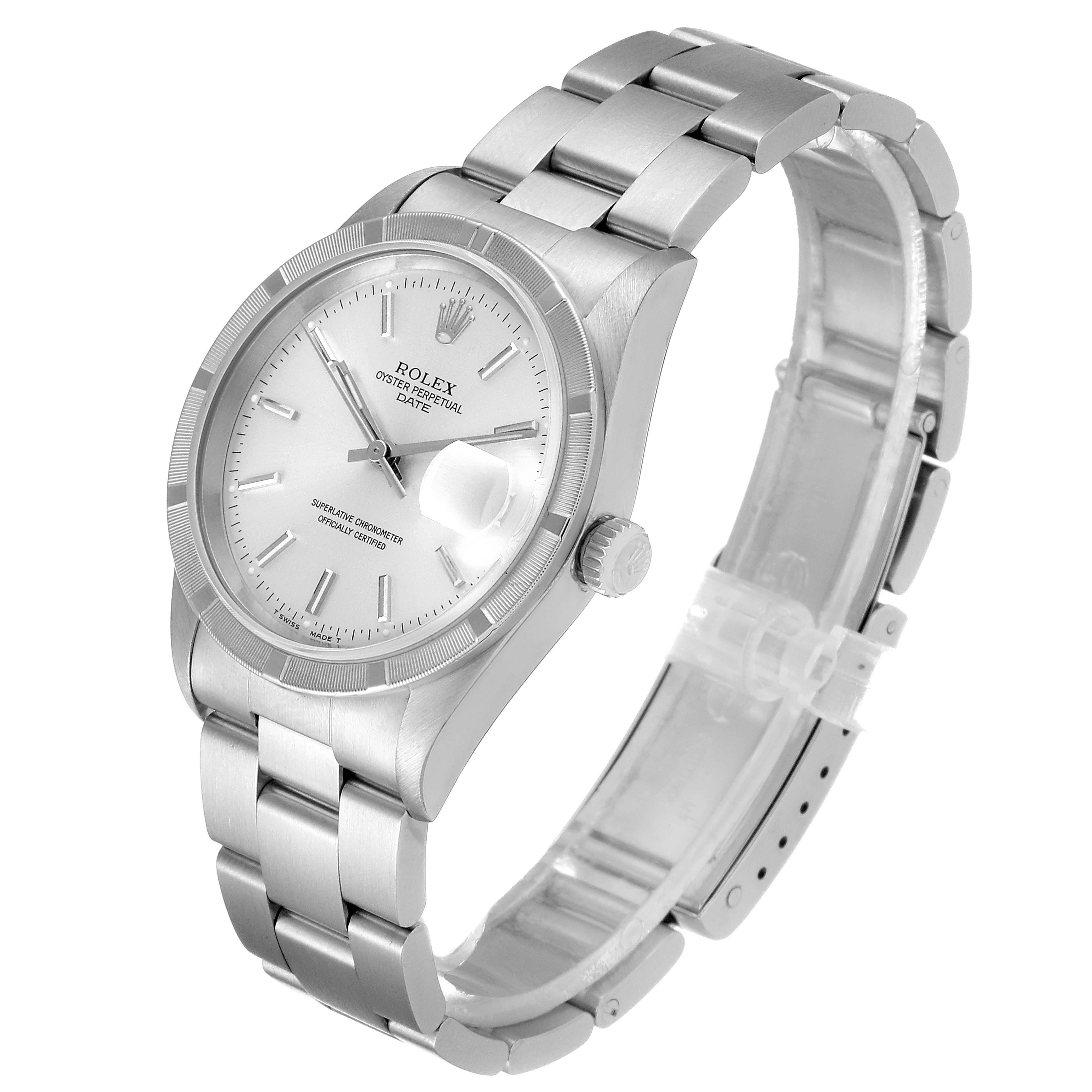 The image shows a Rolex Date 15210 Men's Stainless Steel Silver Dial 15210 Men's Stainless Steel Silver Dial model watch from an angled perspective, highlighting its silver bracelet, crown, and white dial.